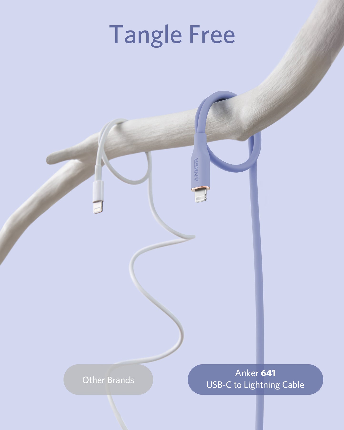The white cable labeled Other Brands hangs tangled, while the blue Anker 641 USB-C to Lightning Cable (Flow, 3 ft Silicone) hangs untangled and neatly curved from a light tree branch. "Tangle Free" text is at the top on a light blue background.