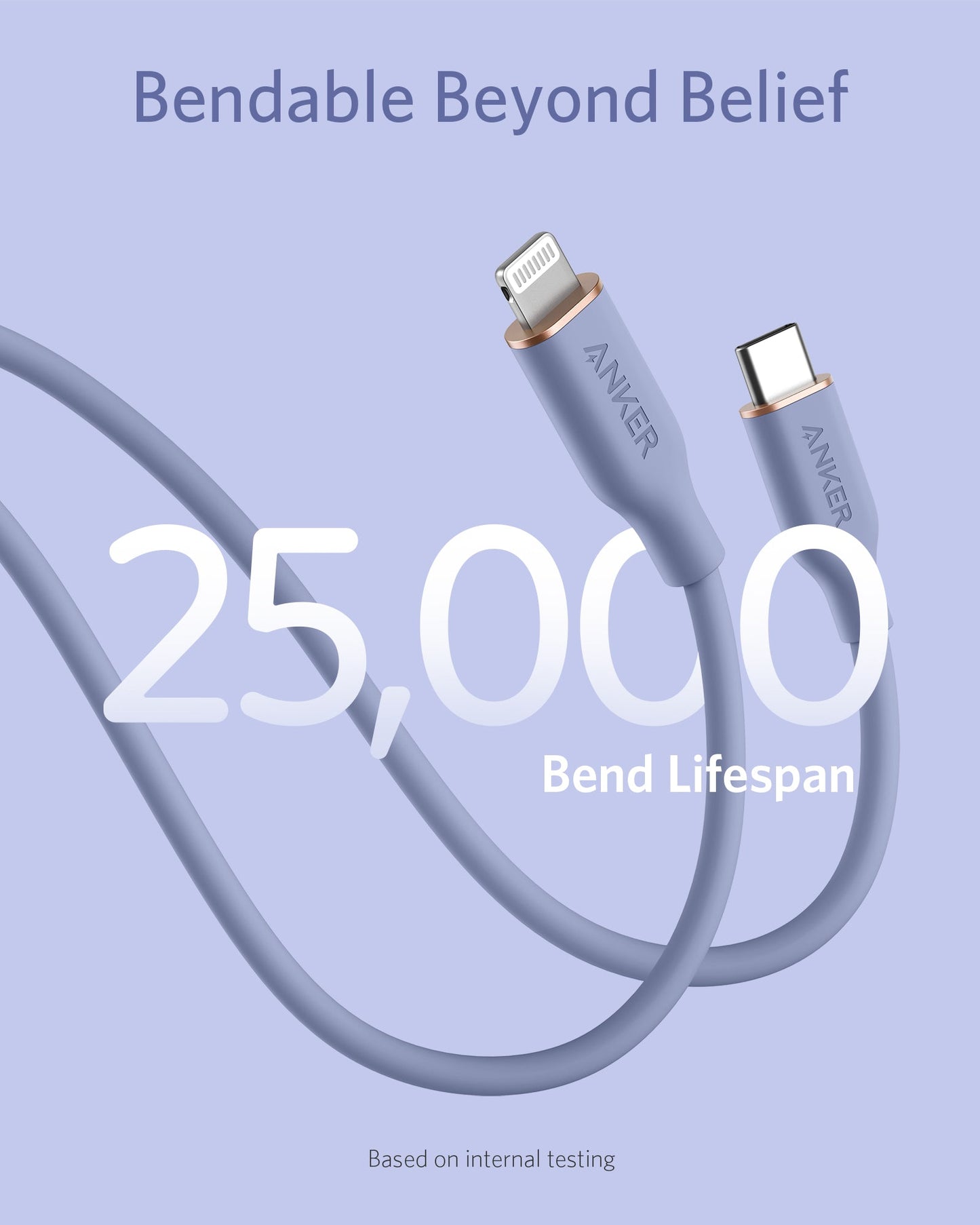Two purple Anker 641 USB-C to Lightning Cables (Flow, 3 ft Silicone) are shown coiled on a light purple background. Bold text: 25,000 Bend Lifespan. Smaller text: Bendable Beyond Belief; Based on internal testing. Brand: Anker.