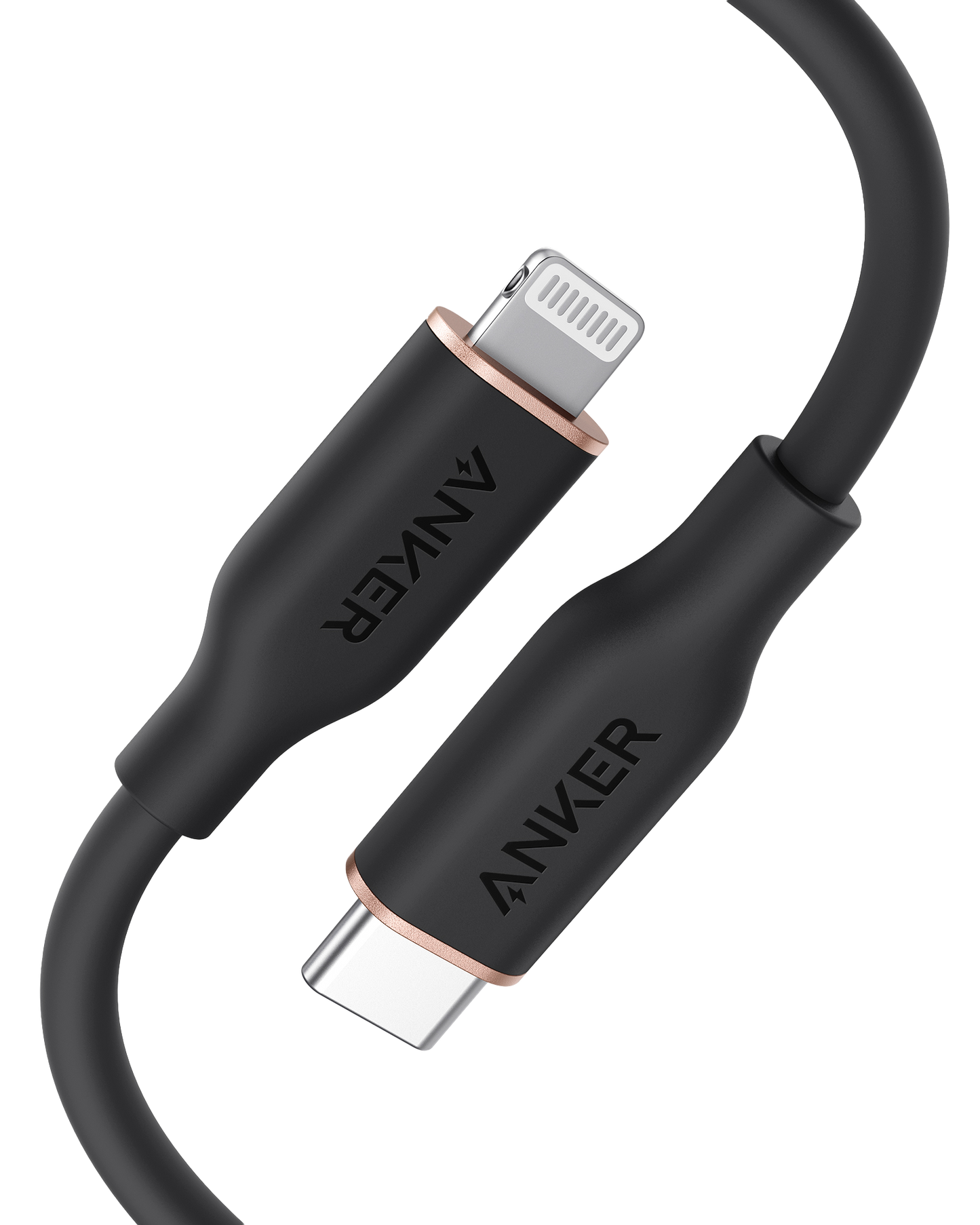 A black Anker 641 USB-C to Lightning Cable (Flow, Silicone), featuring metallic-accented connectors set closely together, MFi certified for safety and quality, curves smoothly against a white background.