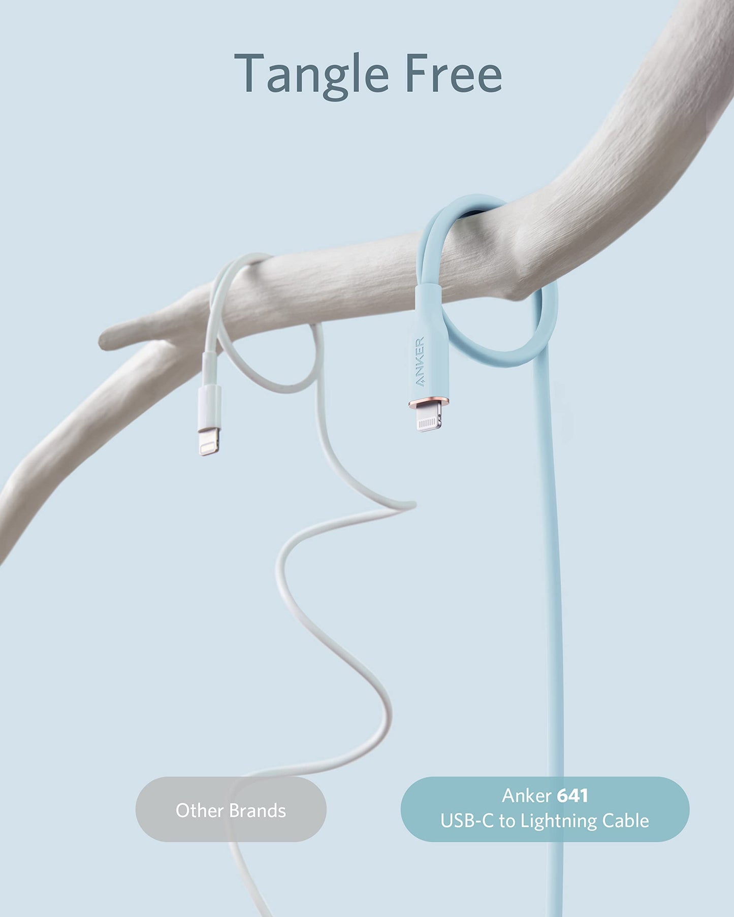 A sleek, light blue Anker 641 USB-C to Lightning Cable (Flow, Silicone) hangs tangle-free on a branch, while a white cable from other brands hangs tangled and messy. Text above reads “Tangle Free.” Brand: Anker.