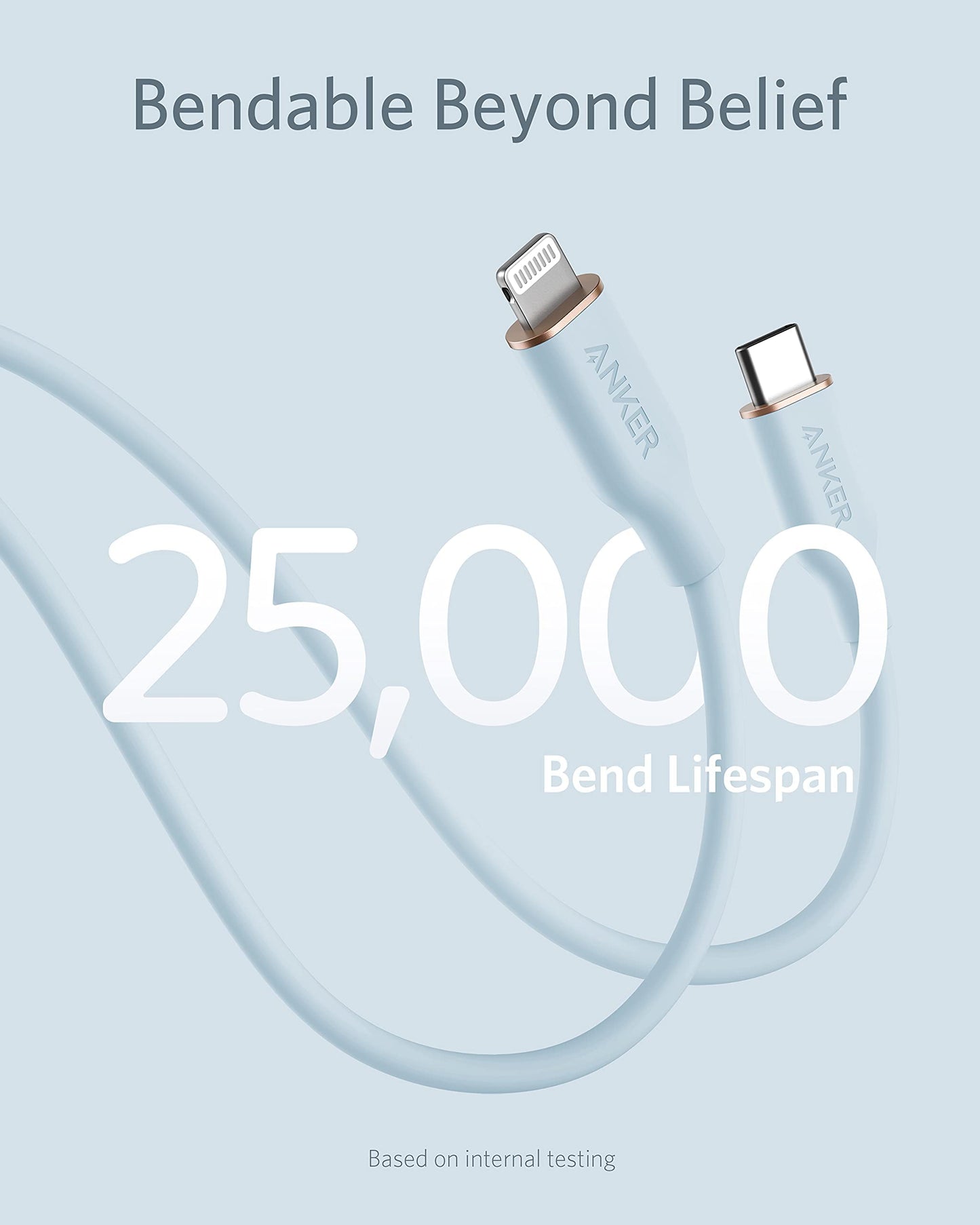Two light blue Anker 641 USB-C to Lightning Cables (Flow, Silicone) are shown bent, highlighting their 25,000 bend lifespan. "Bendable Beyond Belief" appears above and "Based on internal testing" below, over a light blue gradient background.