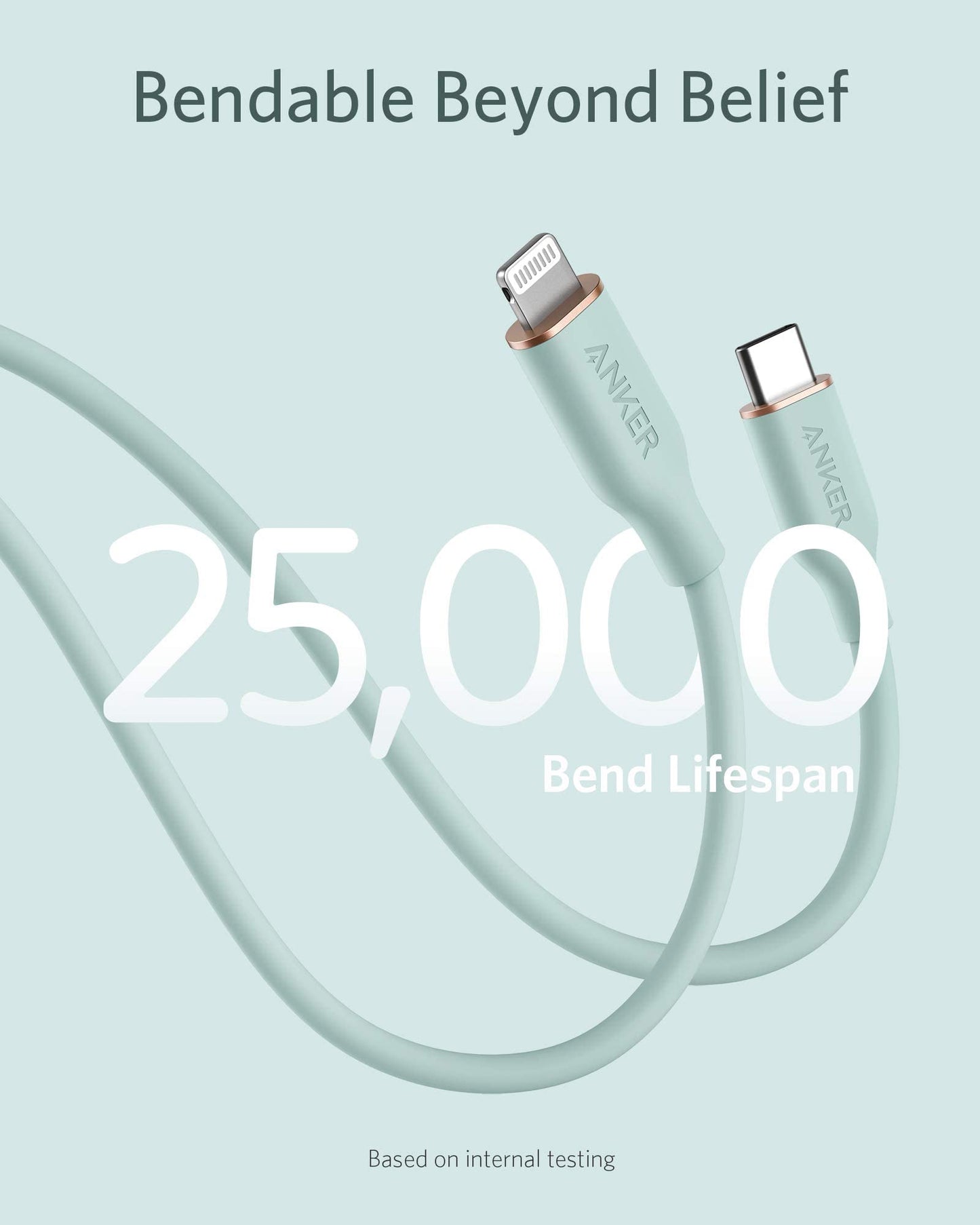 Two mint green Anker 641 USB-C to Lightning Cables (Flow, Silicone) appear on a pale green background. Large text says “25,000 Bend Lifespan,” with “Bendable Beyond Belief” above. Based on internal testing.