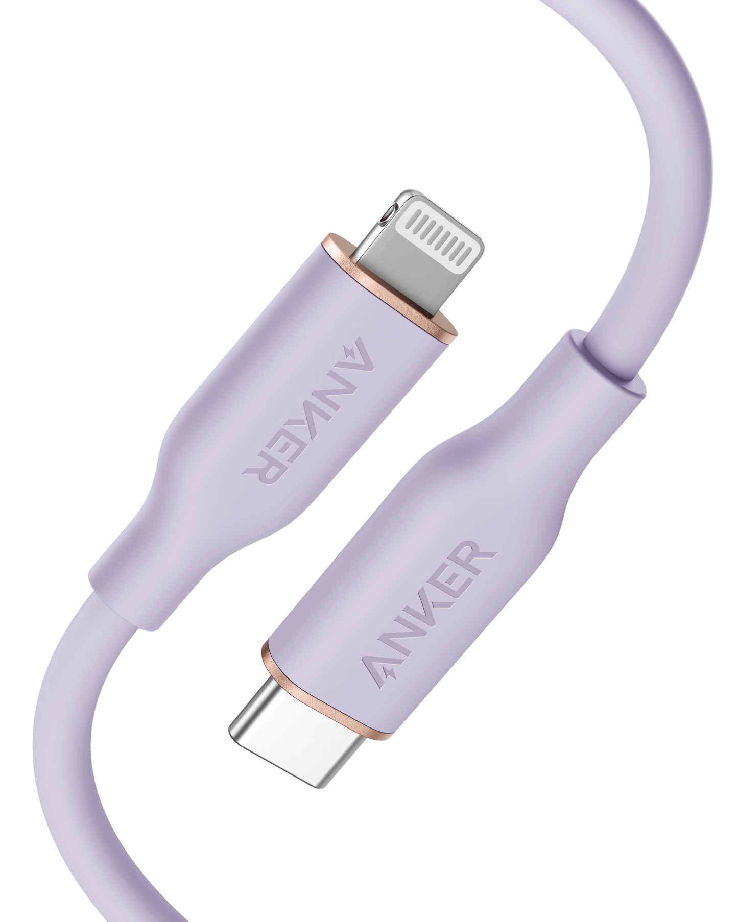 The Anker 641 USB-C to Lightning Cable (Flow, Silicone) in lavender features rose gold trim, curved ends, and "ANKER" branding on each connector, showcased against a plain white background.