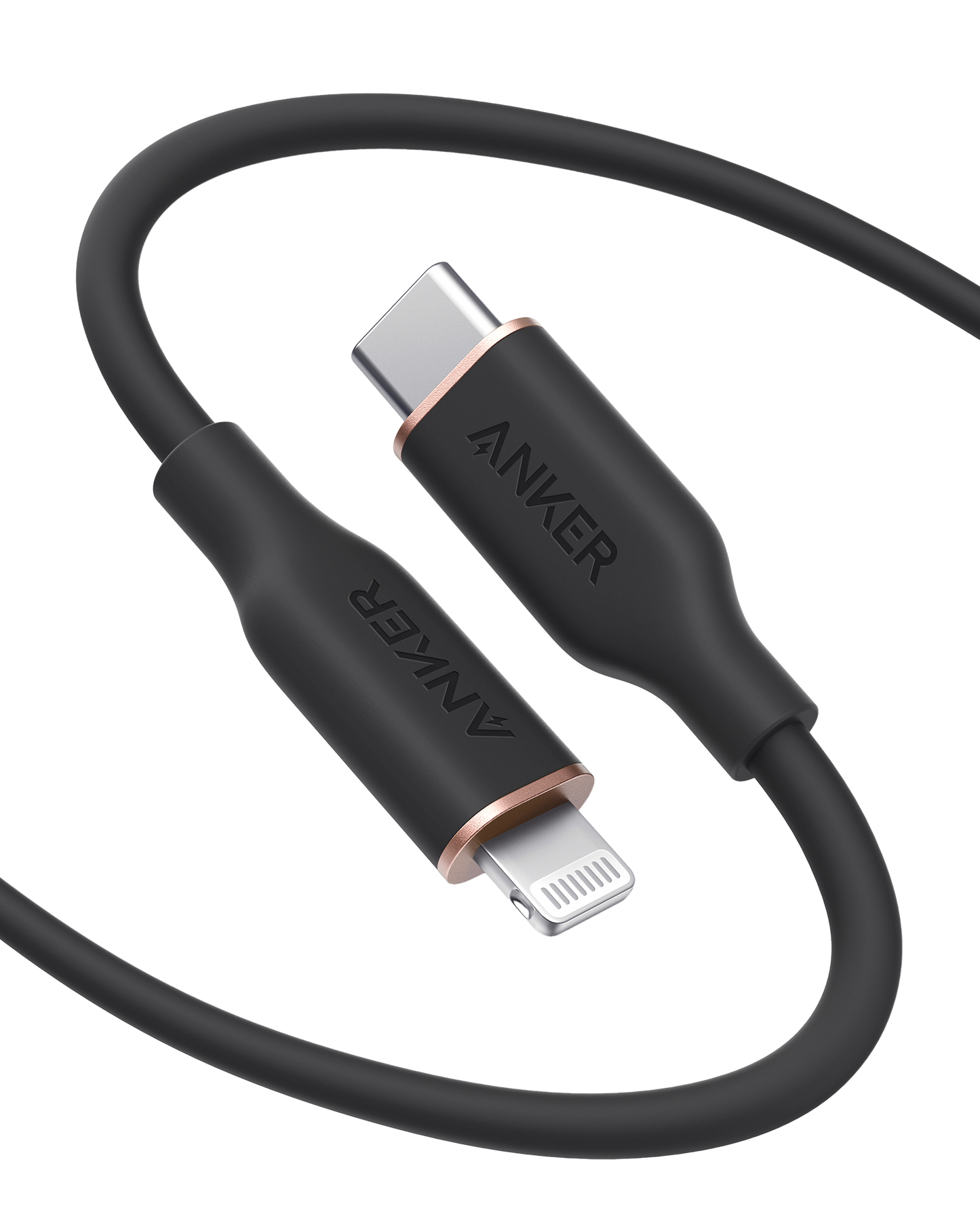 The Anker 641 USB-C to Lightning Cable (Flow, Silicone) by Anker, shown in black with a soft silicone finish, is MFi certified and sits coiled in a loose loop on a plain white background.