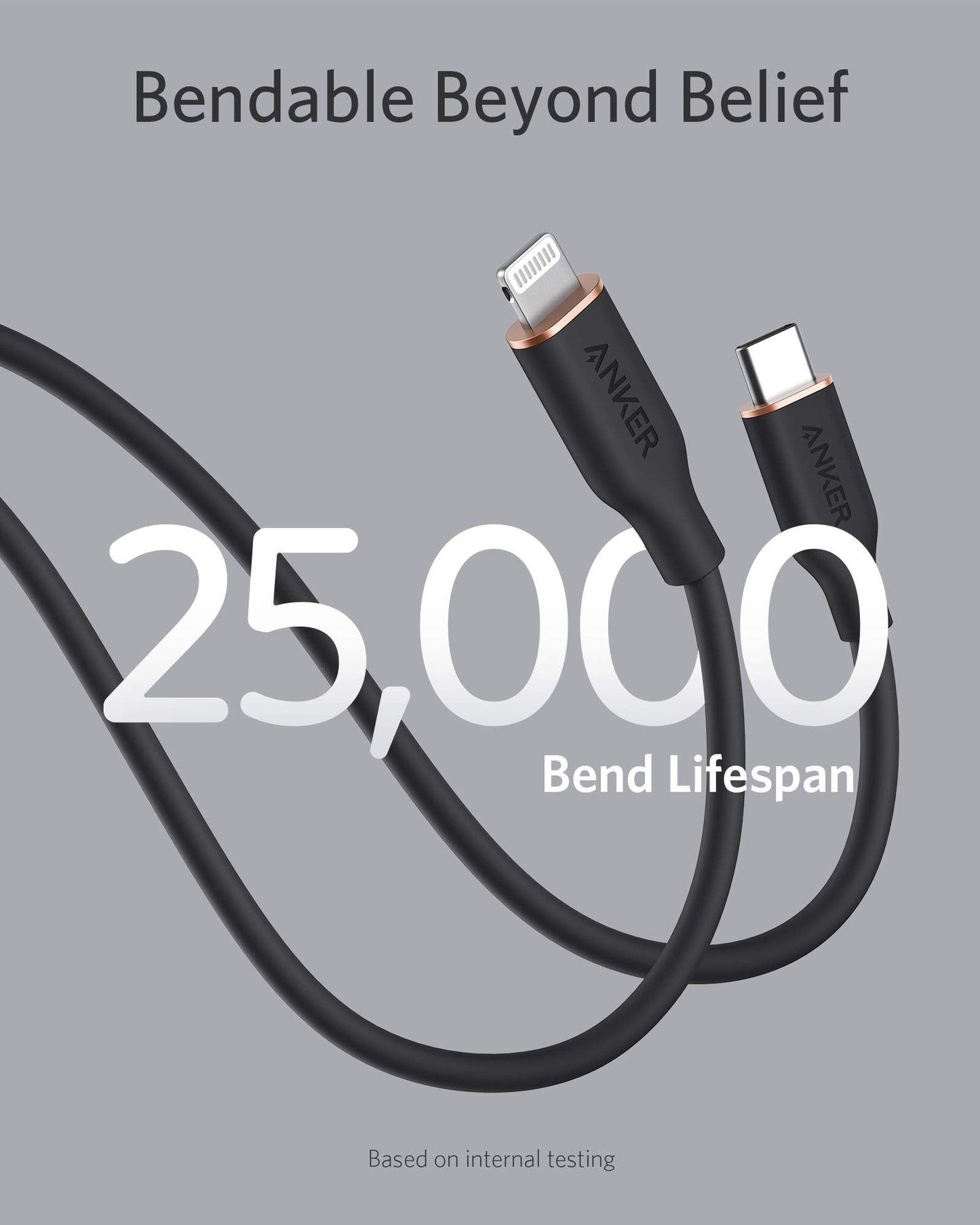 The Anker 641 USB-C to Lightning Cable (Flow, Silicone) in black is bent in a curve on a gray background. Bold white text says "25,000 Bend Lifespan" with "Bendable Beyond Belief" above and small text reading "Based on internal testing.