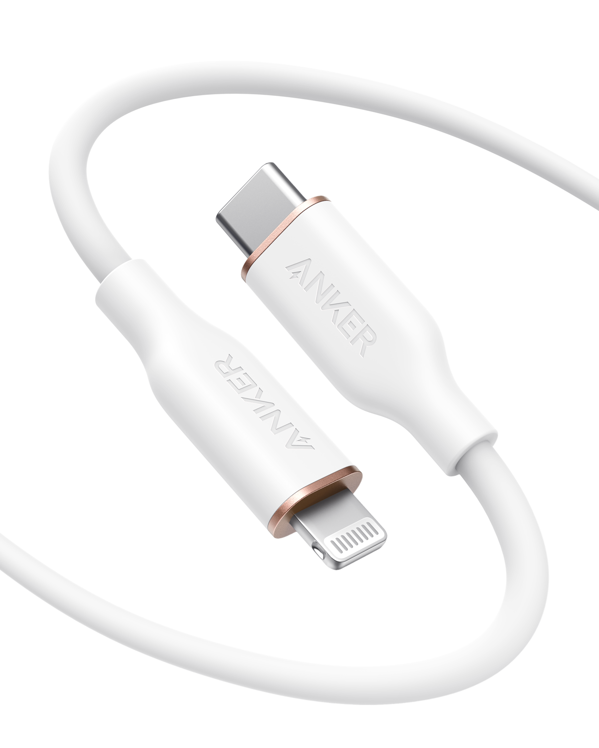 The Anker 641 USB-C to Lightning Cable (Flow, Silicone) is displayed in white with metallic rose gold accents and “ANKER” branding on each end. This MFi certified silicone charging cable stands out against a plain light gray background.