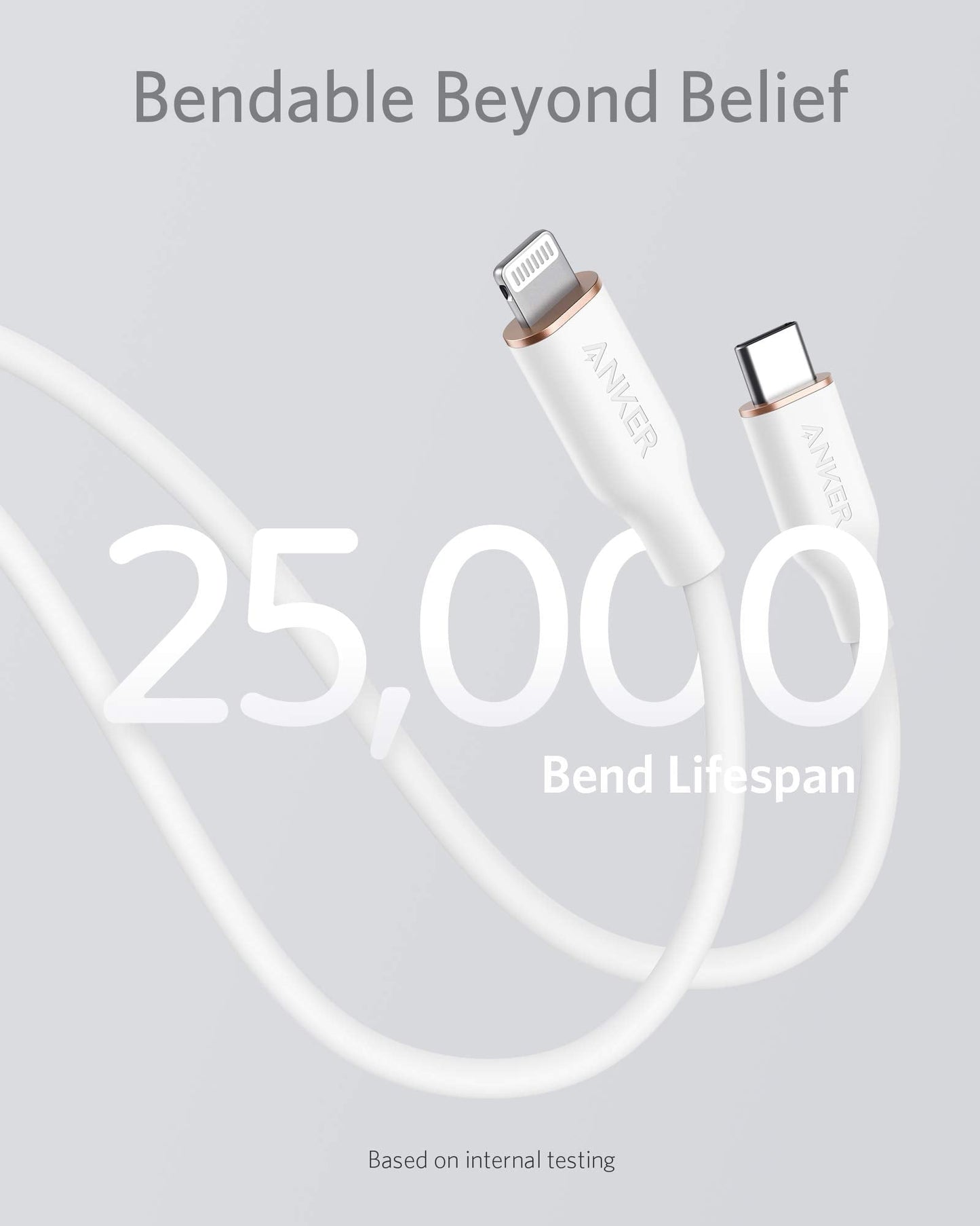 The white Anker 641 USB-C to Lightning Cable (Flow, Silicone) twists on a light gray background. Large text reads 25,000 Bend Lifespan; smaller text displays Bendable Beyond Belief above and Based on internal testing below.