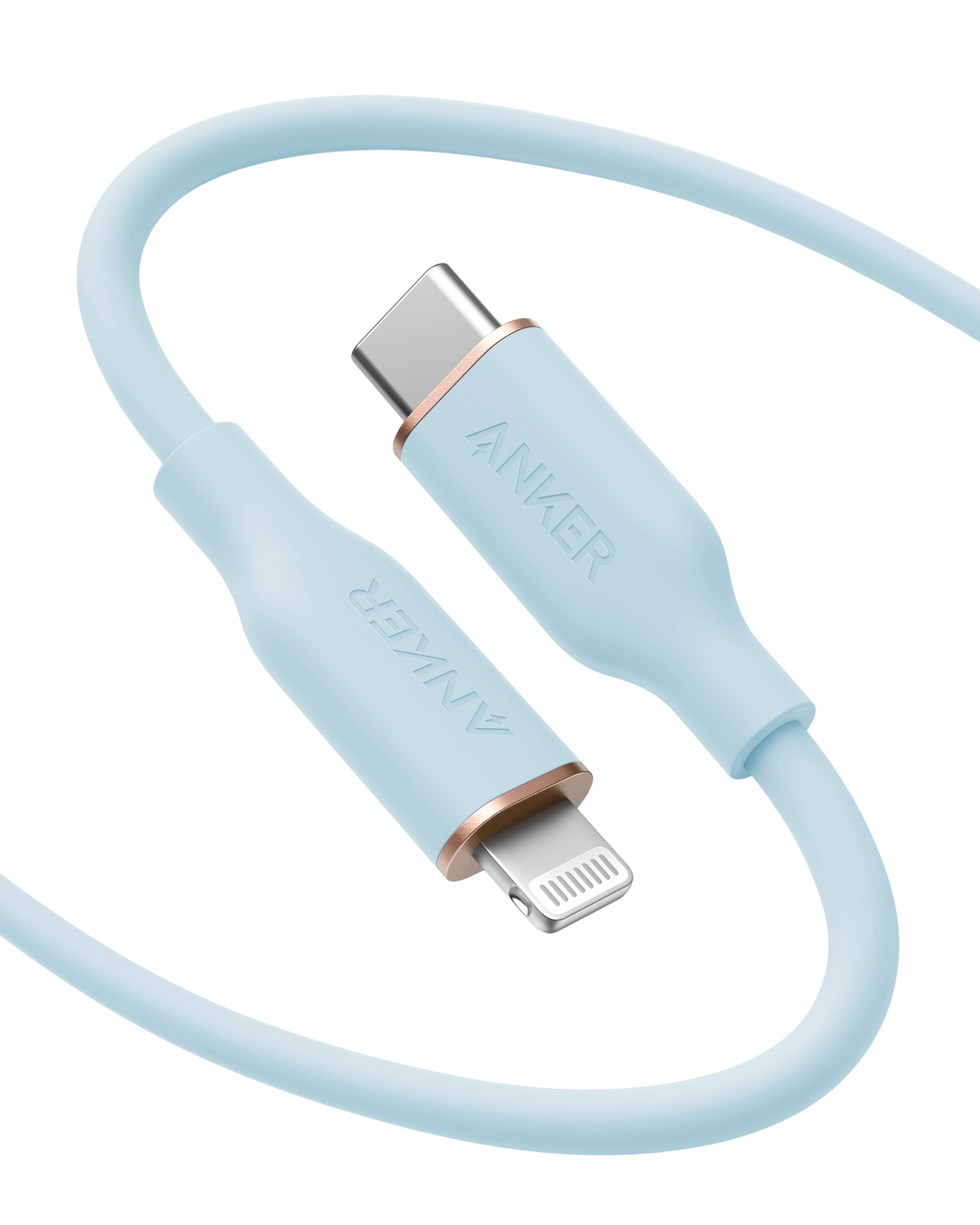The Anker 641 USB-C to Lightning Cable (Flow, Silicone) is a light blue, MFi certified silicone cable with silver-tipped USB-C and Lightning connectors, subtle rose gold accents, and etched ANKER branding on each end.