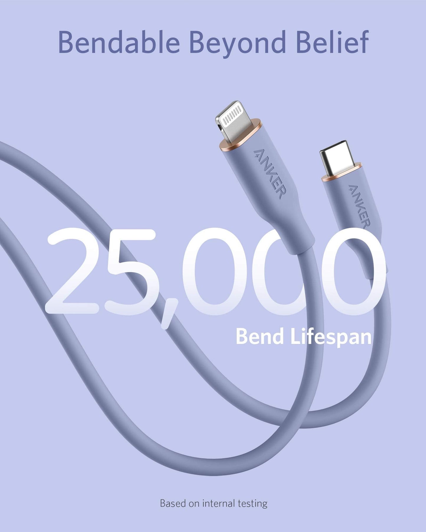 A purple Anker 641 USB-C to Lightning Cable (Flow, Silicone) is looped on a light purple background. Large text states “25,000 Bend Lifespan.” Above: “Bendable Beyond Belief.” Small text: “Based on internal testing.”.