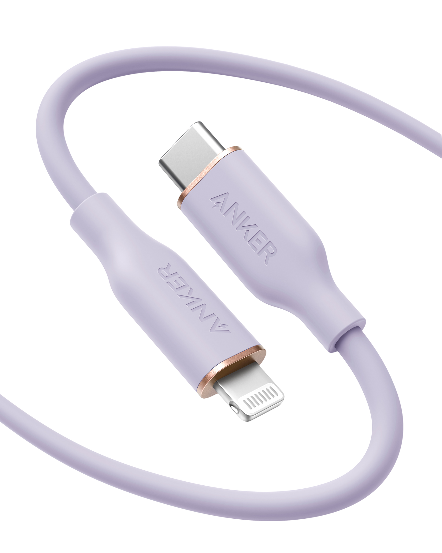 The Anker 641 USB-C to Lightning Cable (Flow, Silicone) in lavender features metallic-accented connectors and is MFi certified for reliability. Shown on a plain white background.
