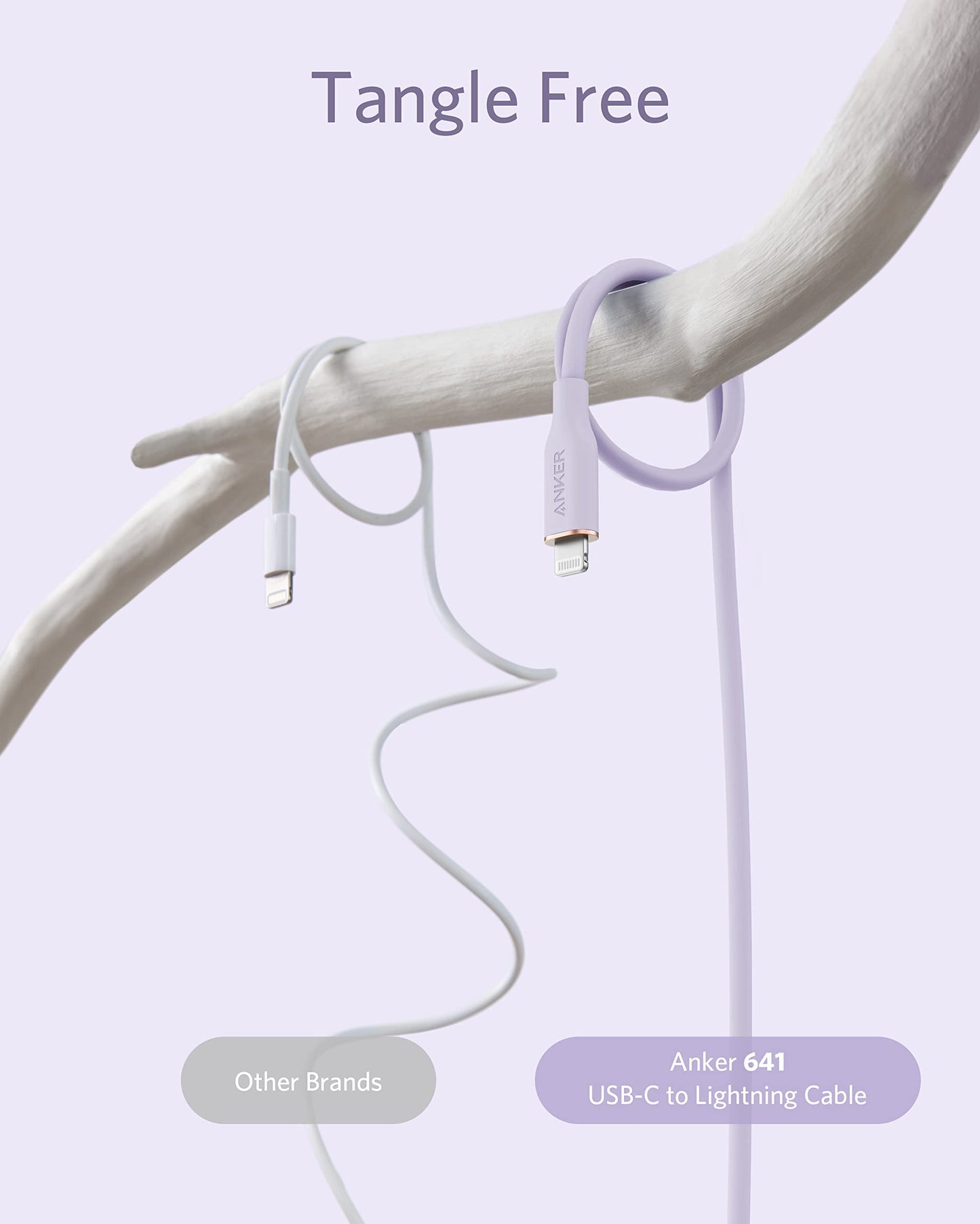 Two charging cables hang on a white branch: the left, labeled Other Brands, is tangled; the right, labeled Anker 641 USB-C to Lightning Cable (Flow, Silicone) by Anker, is smooth and tangle-free. Above, large text says Tangle Free on a light purple background.