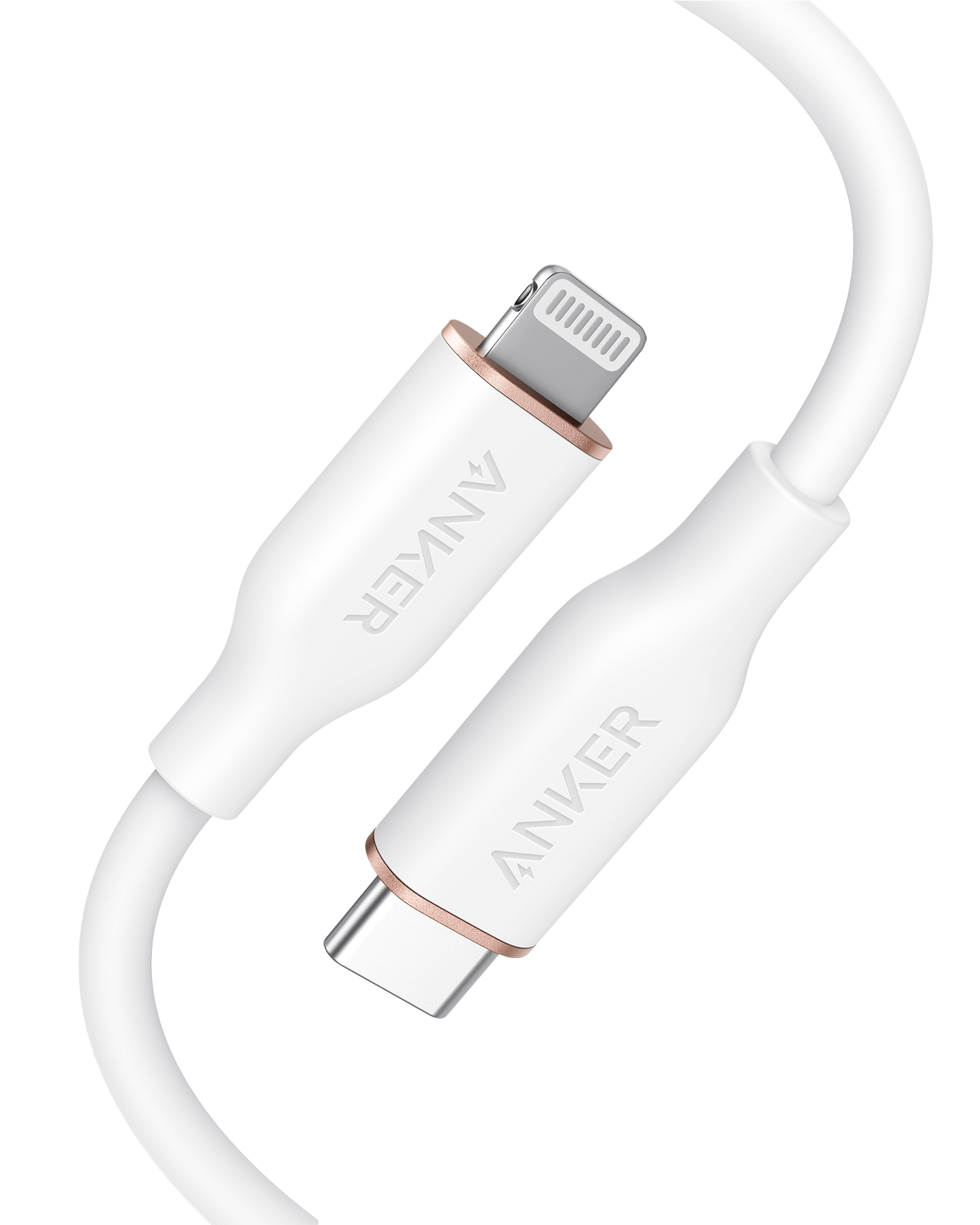 A close-up of the Anker 641 USB-C to Lightning Cable (Flow, Silicone) shows a white silicone cable with silver-tipped USB-C and Lightning connectors, subtle rose gold accents, and the Anker brand name on both ends.