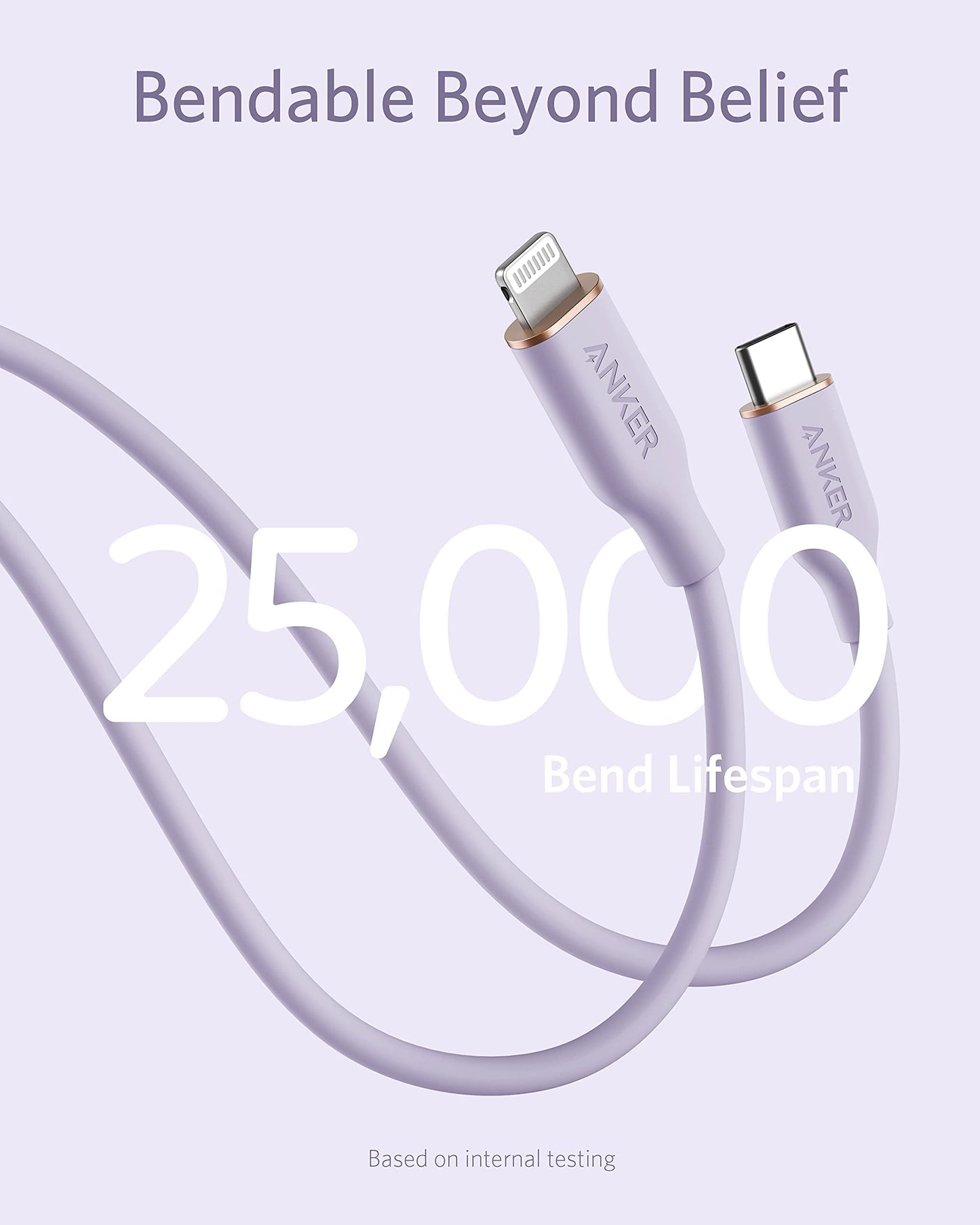 The Anker 641 USB-C to Lightning Cable (Flow, Silicone) in lavender is bent to show its flexibility. Large text says “25,000 Bend Lifespan” with “Bendable Beyond Belief” above and a note: “Based on internal testing.”.