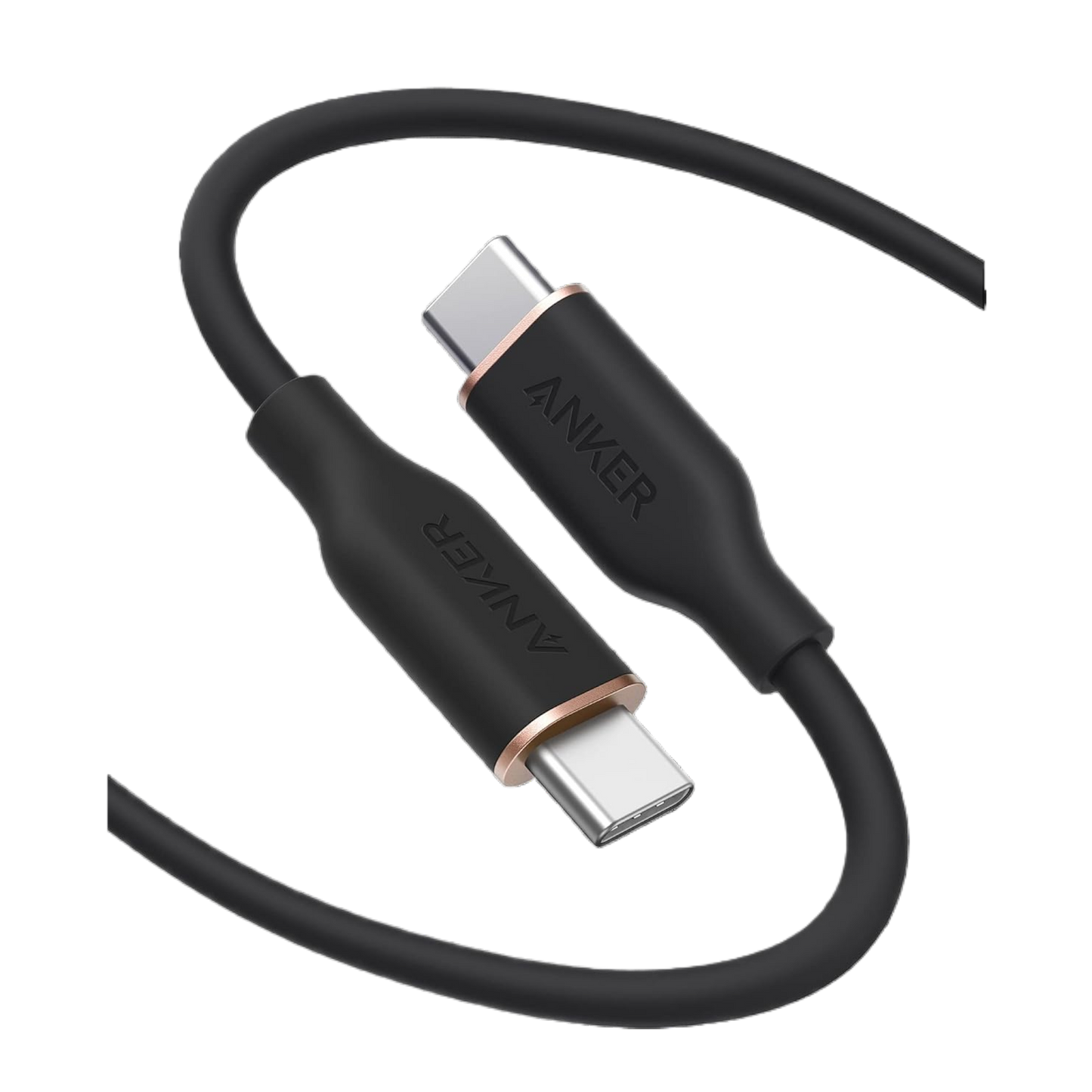 The Anker 643 USB-C to USB-C Cable (Flow, Silicone) features sleek matte black connectors with metallic accents and the Anker logo. Both ends are shown close up, coiled neatly against a white background for fast charging.