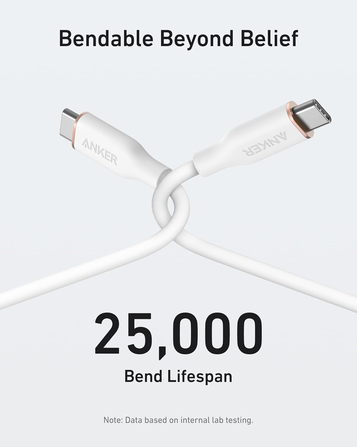 Two white Anker 643 USB-C to USB-C Cables (Flow, Silicone) are bent and crossed on a light background. Above them, "Bendable Beyond Belief" is written, with a note stating they withstand 25,000 bends in Anker's lab tests.