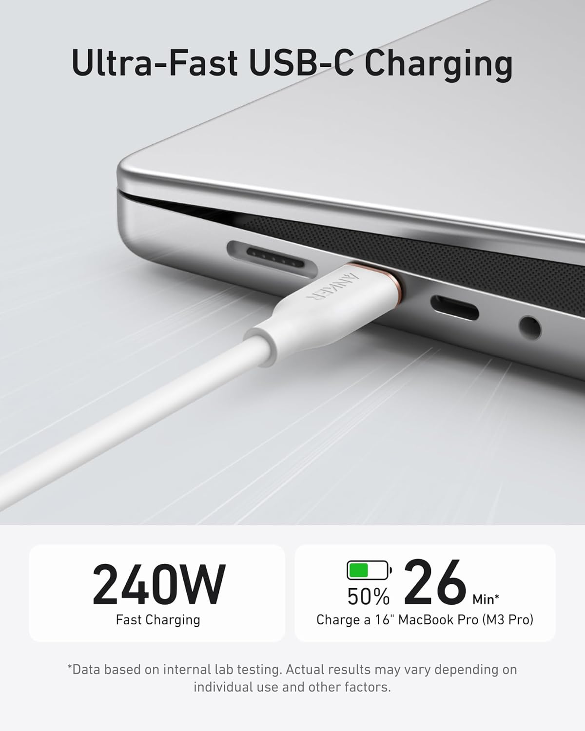 An Anker 643 USB-C to USB-C Cable (Flow, Silicone) in white connects to a silver laptop. "Ultra-Fast USB-C Charging" is displayed, while icons show 240W charging and 50% charge in 26 mins for a 16" MacBook Pro (M3 Pro).*.