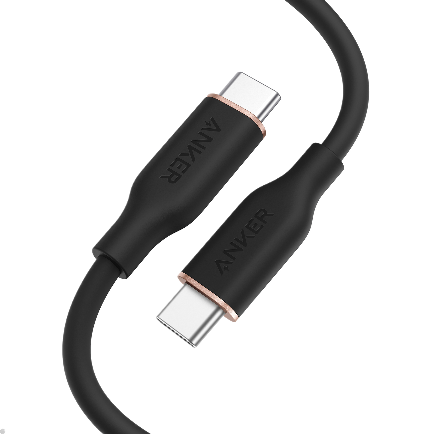 A close-up of the Anker 643 USB-C to USB-C Cable (Flow, Silicone) shows its black silicone body with smooth matte casing and copper-accented connectors, set against a plain light background.