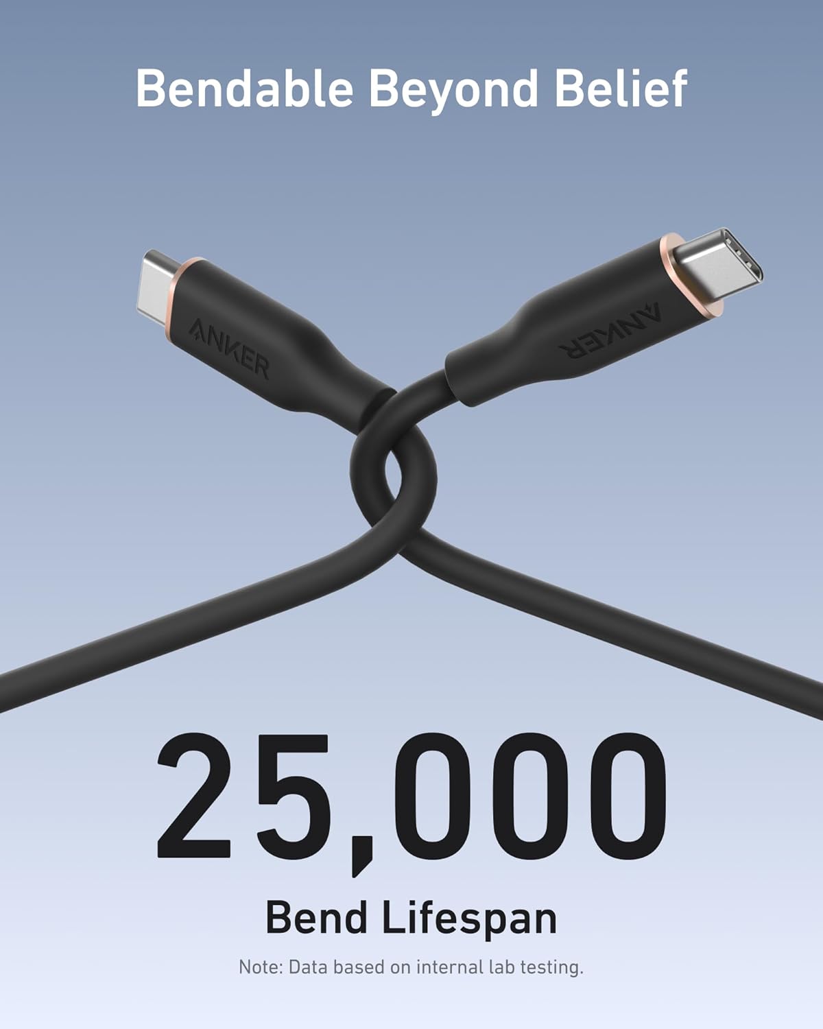 Two black Anker 643 USB-C to USB-C silicone cables form an X against a gradient background. Text above says "Bendable Beyond Belief," below "25,000 Bend Lifespan." Note: Data based on internal lab testing. Brand: Anker.