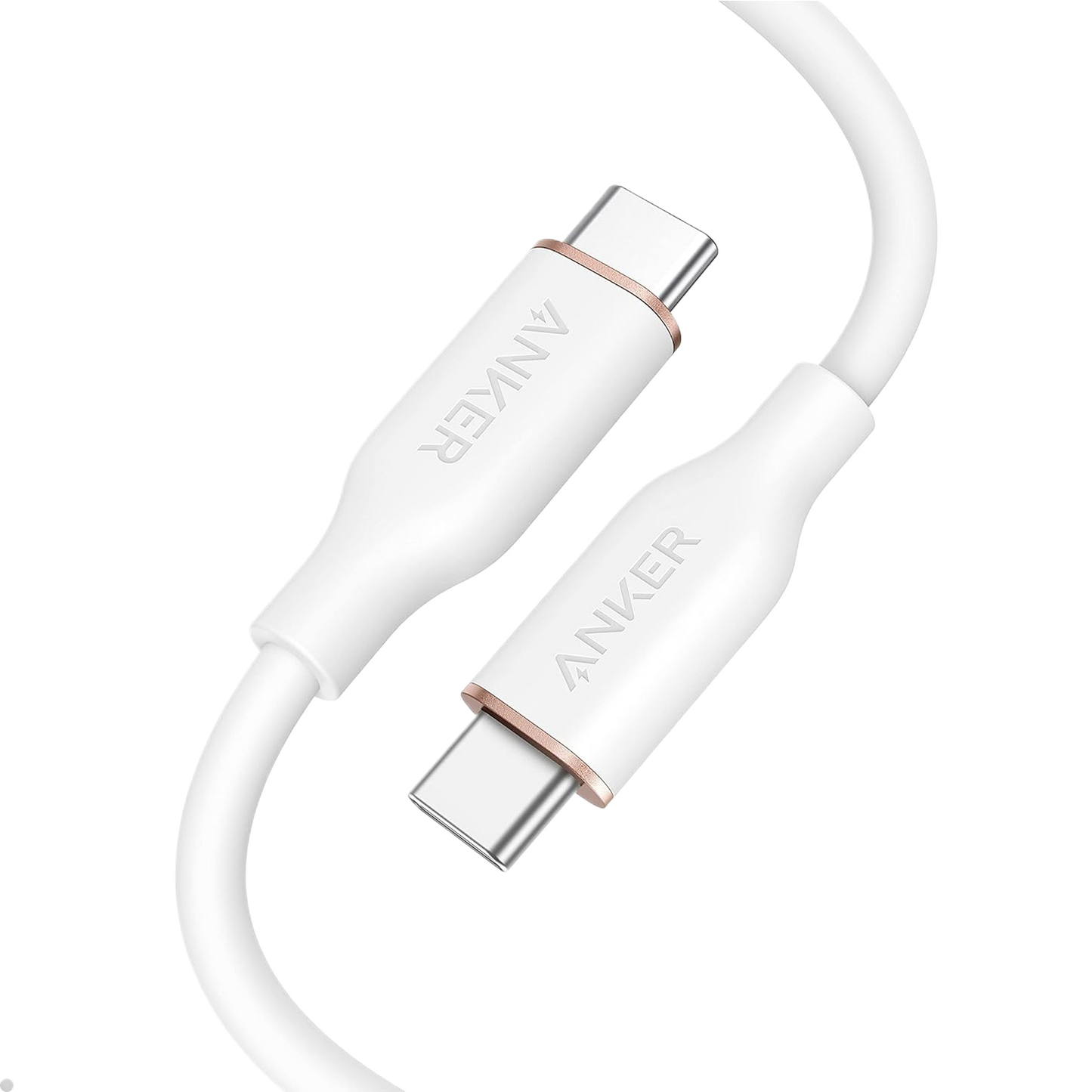 A close-up of the Anker 643 USB-C to USB-C Cable (Flow, Silicone) by Anker shows its white silicone design with metallic silver connectors, each labeled "ANKER" in gray and accented by a rose gold ring. Both ends are clearly visible on a white background.