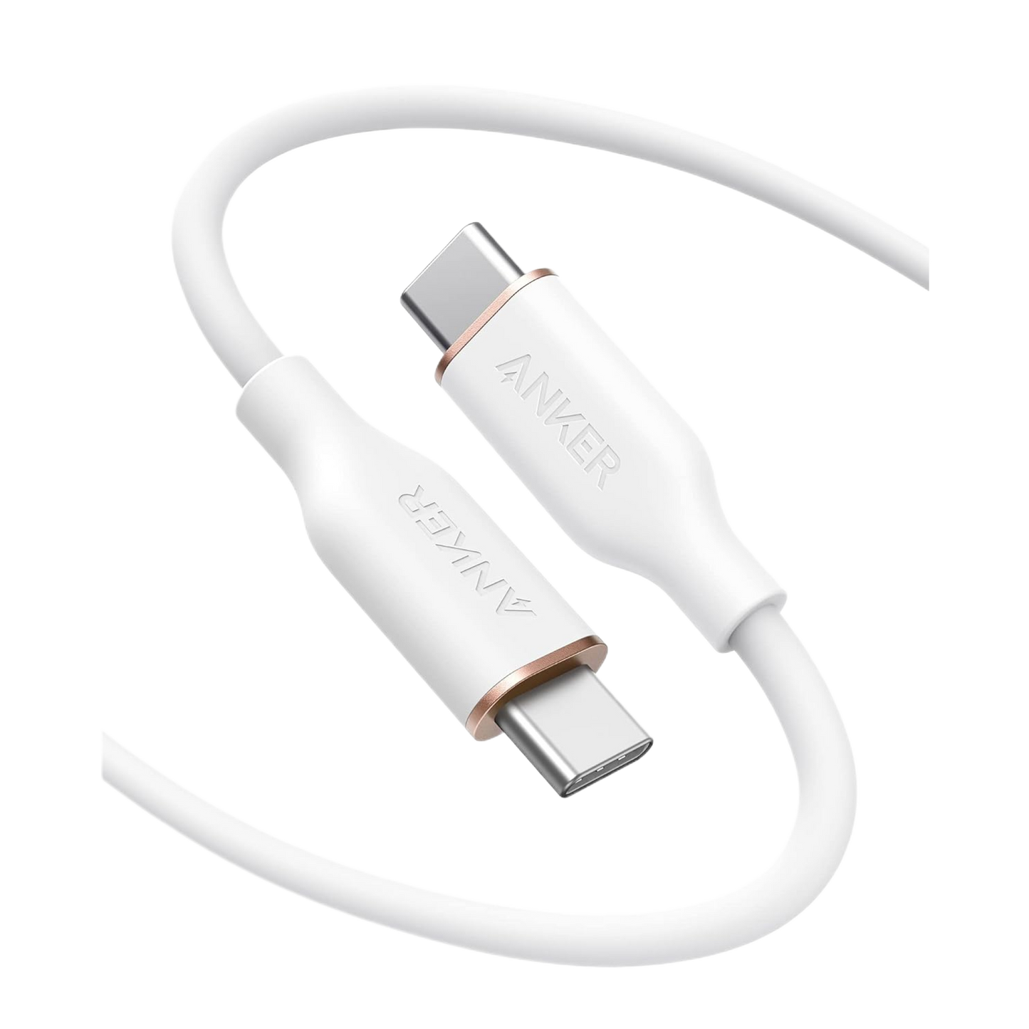 Close-up of the Anker 643 USB-C to USB-C Cable (Flow, Silicone) in white, featuring metallic silver connectors with gold accents. The flexible cable curves against a white background, and ANKER is embossed on both connector housings.