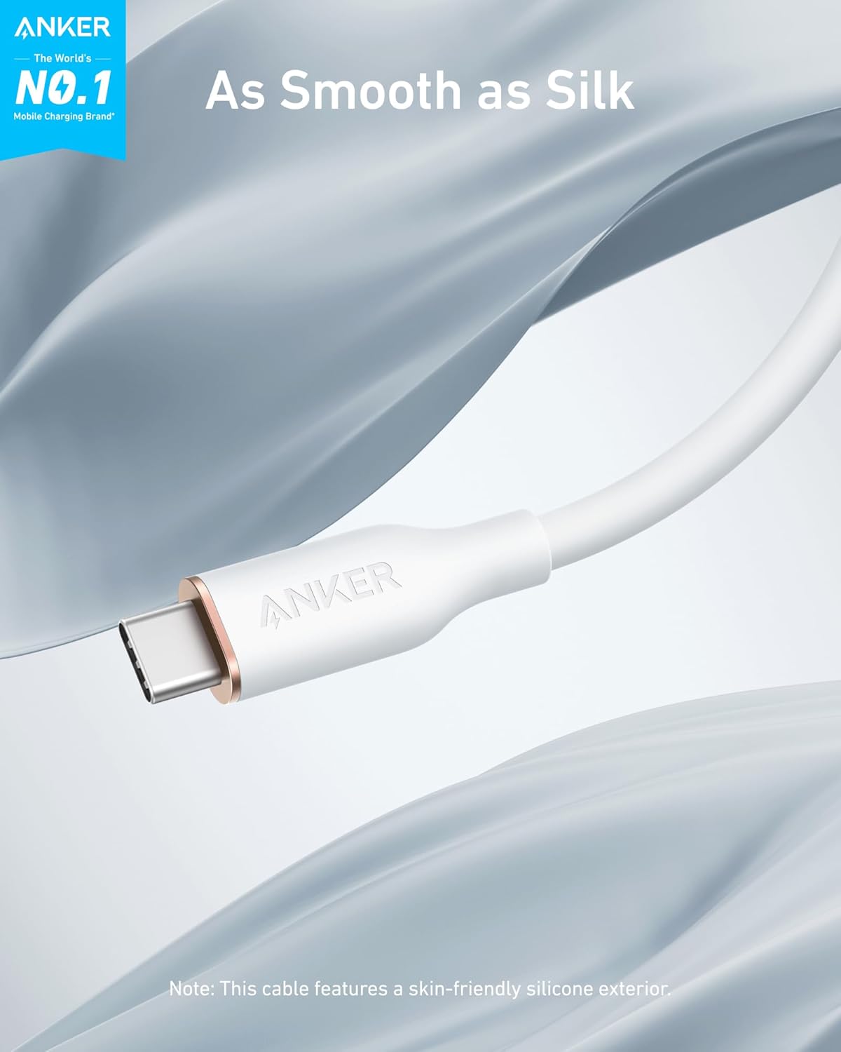 A white Anker 643 USB-C to USB-C Cable (Flow, Silicone) lies on a silky surface with the text "As Smooth as Silk," spotlighting this fast-charging, skin-friendly silicone cable by Anker, the No.1 Mobile Charging Brand.