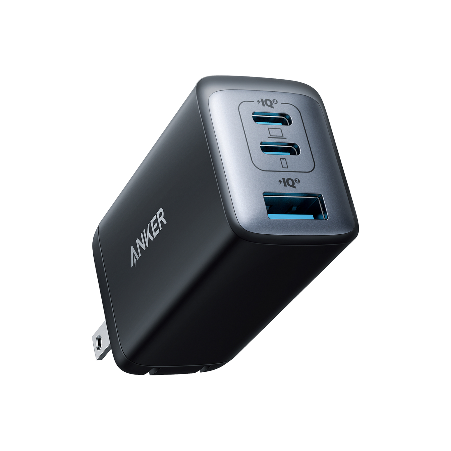 The Anker 735 Charger (Nano II 65W) features GaN II tech, foldable prongs, two USB-C ports, and a fast-charge “IQ” USB-A port. Its matte black, compact rectangular design is ideal for travel.
