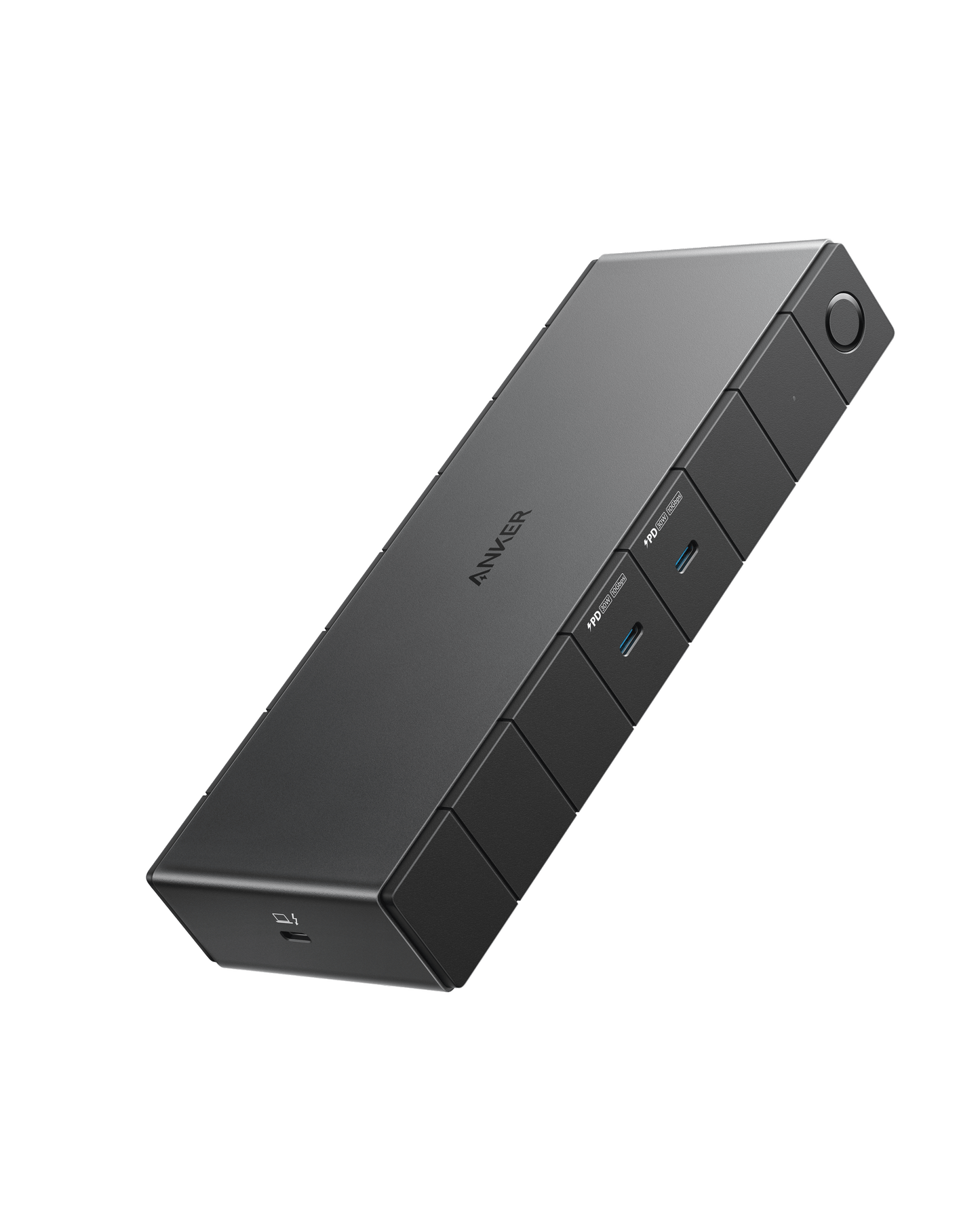 The Anker 778 Thunderbolt Docking Station (12-in-1, Thunderbolt 4) is a sleek, rectangular black hub with multiple USB-A and USB-C ports, 8K HDMI support, a circular button on the top right, and a visible USB-C port on the short end.