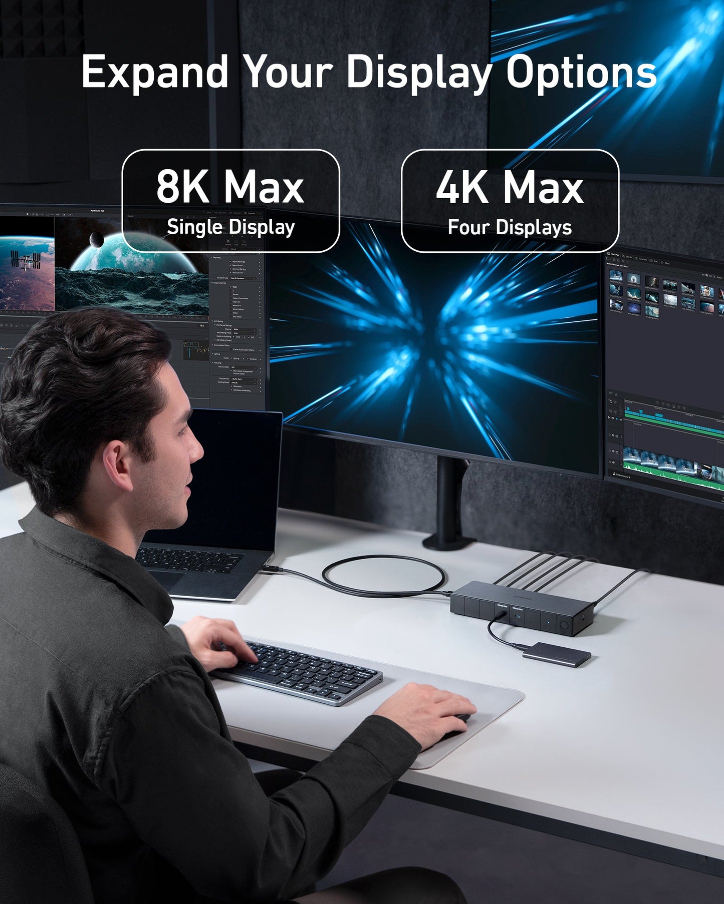 A person uses an Anker 778 Thunderbolt Docking Station (12-in-1, Thunderbolt 4) to connect a laptop and three monitors—one displaying blue light streaks. On-screen text: Expand Your Display Options, 8K HDMI Max Single Display, 4K Max Four Displays.
