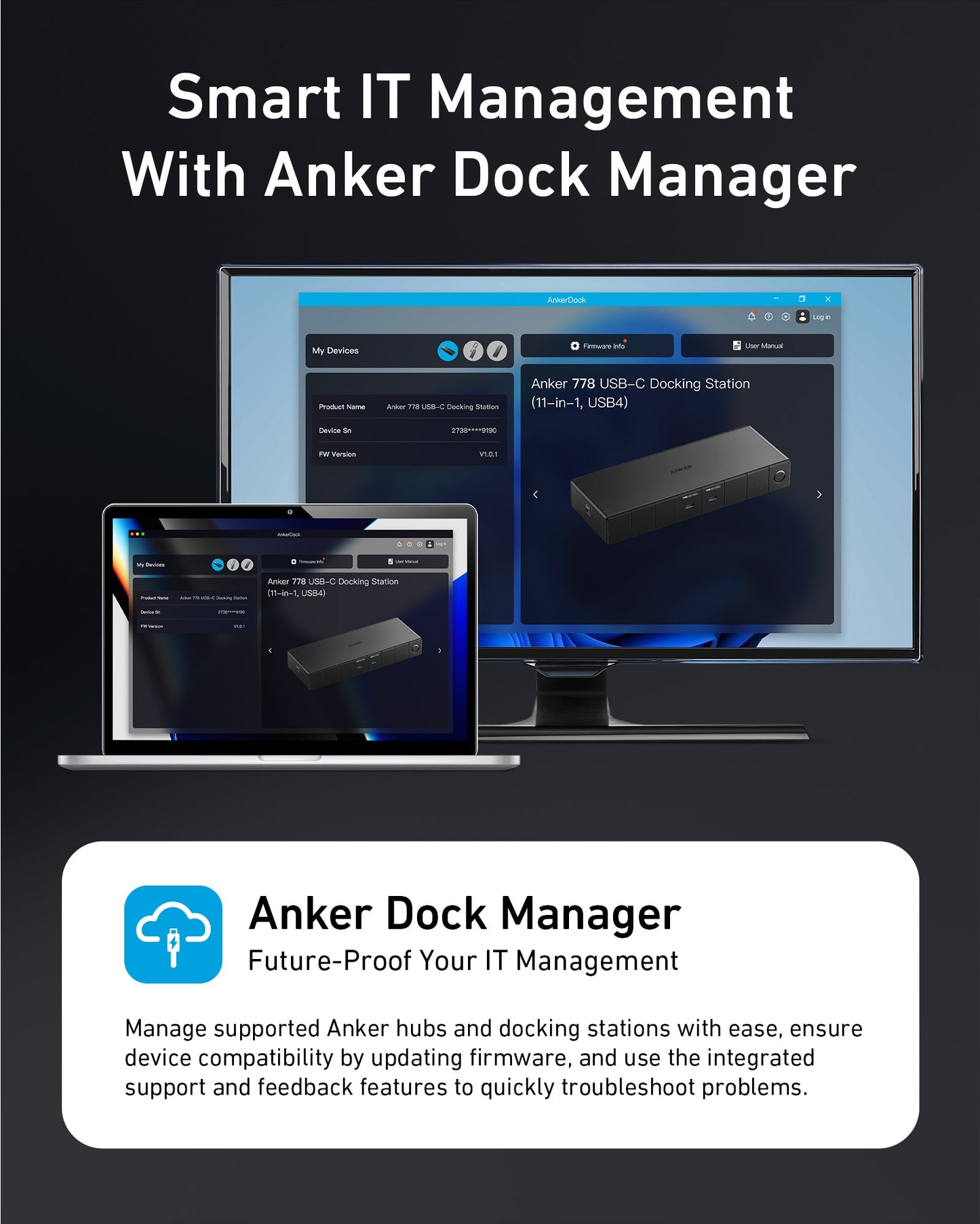 A monitor and laptop show the Anker Dock Manager interface for the Anker 778 Thunderbolt Docking Station (12-in-1, Thunderbolt 4), highlighting smart IT management and 8K HDMI support for simple device control and troubleshooting.