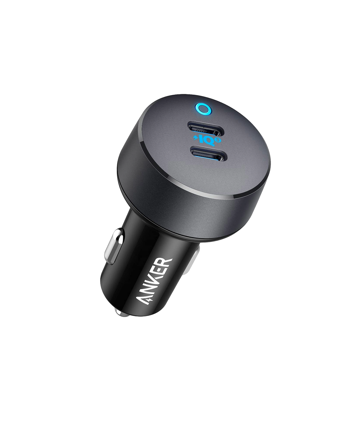 The Anker PowerDrive III Duo USB-C Car Charger features a black, matte round design with two high-speed USB-C ports—one marked “IQ” with a blue icon. The white “ANKER” logo appears on the side, set against a plain white background.