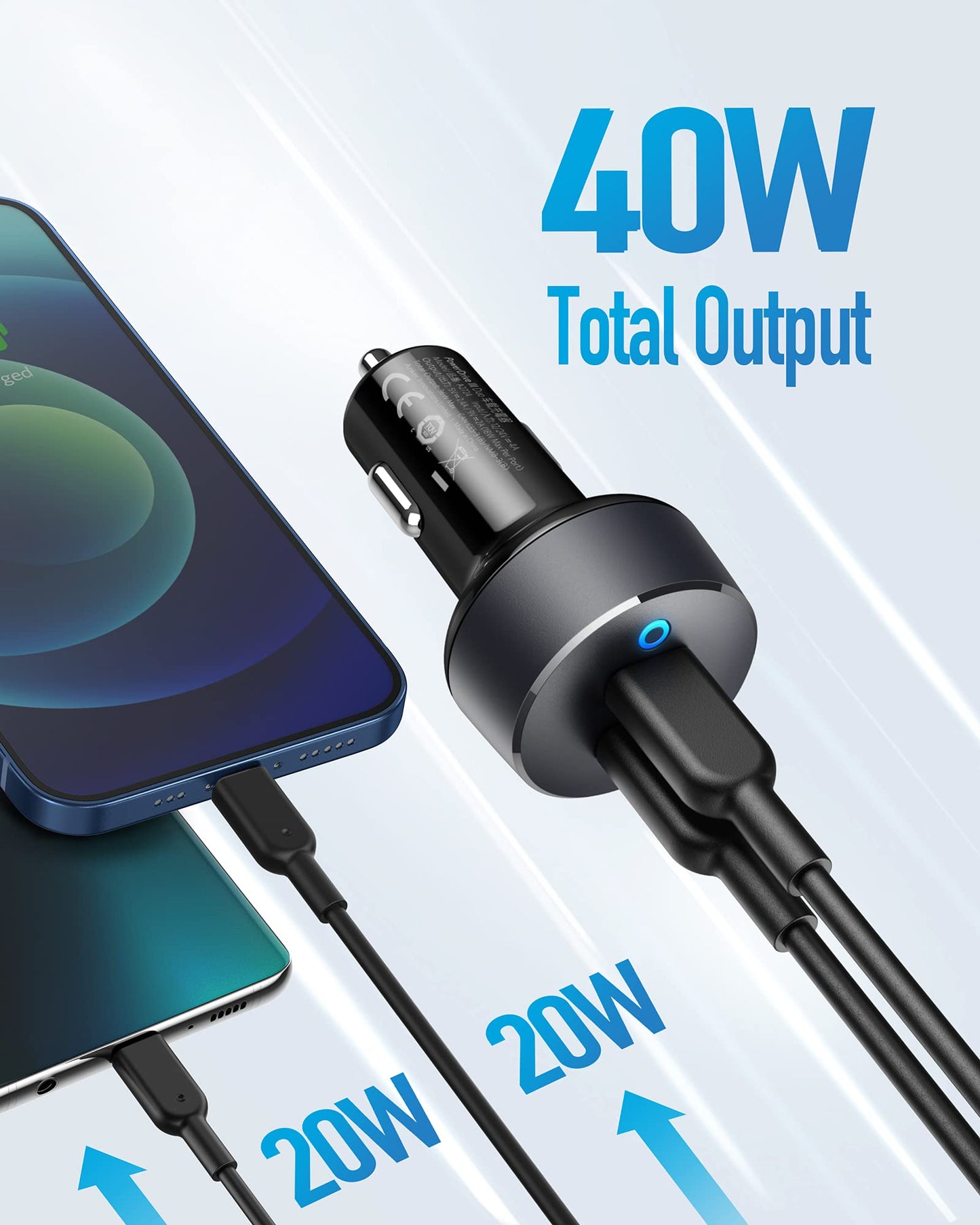 The Anker PowerDrive III Duo USB-C Car Charger, shown in black, plugs in and splits into two 20W-labeled USB-C cables. “40W Total Output” appears above, while a smartphone charges rapidly on the left amid glowing light streaks.