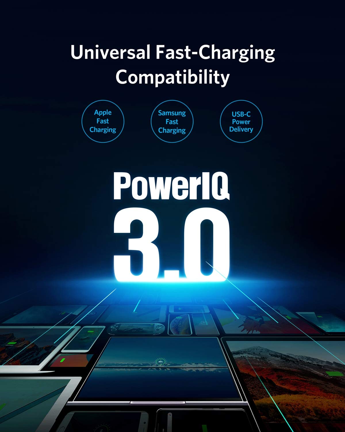 A digital poster highlights the Anker PowerDrive III Duo USB-C Car Charger, featuring Universal Fast-Charging Compatibility with Apple Fast Charging, Samsung Fast Charging, and USB-C Power Delivery. PowerIQ 3.0 ensures high-speed charging for your devices.