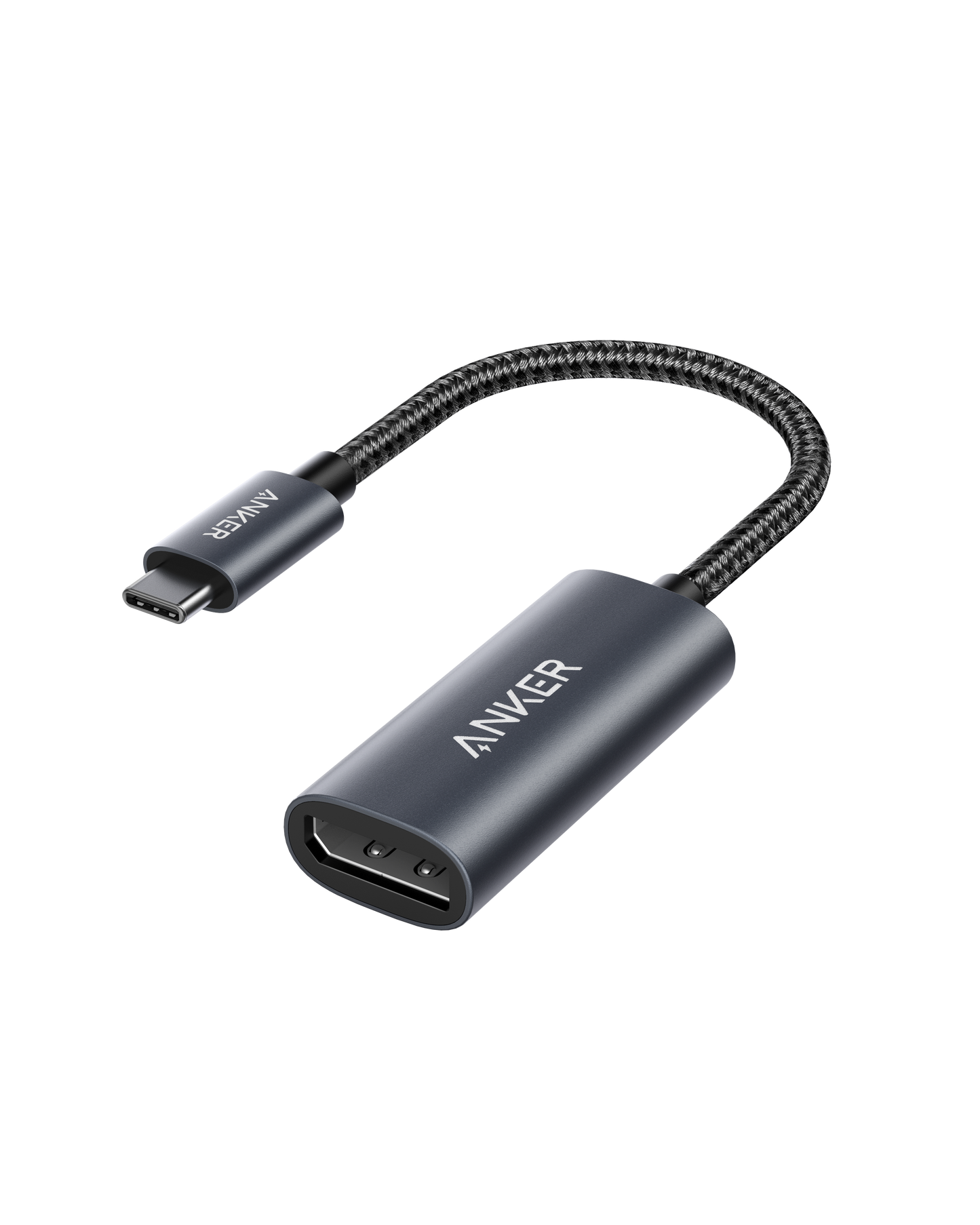 A dark gray Anker PowerExpand USB-C to DisplayPort Adapter with a braided black cable, USB-C plug left, DisplayPort port right. Features 4K support, plug and play, and Anker logo on both ends. Background is white.