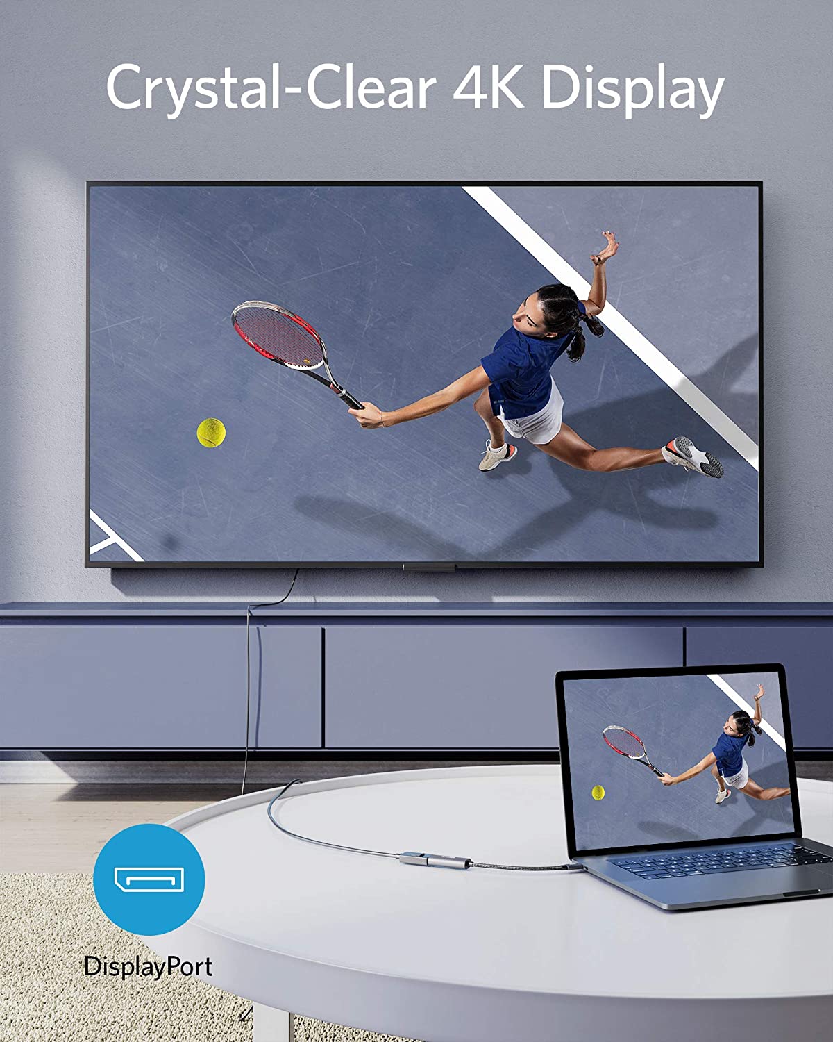 An Anker PowerExpand USB-C to DisplayPort Adapter connects a laptop to a TV, mirroring the screen with a tennis player about to hit a ball. "Crystal-Clear 4K Display" appears above, with a DisplayPort icon at the bottom left.
