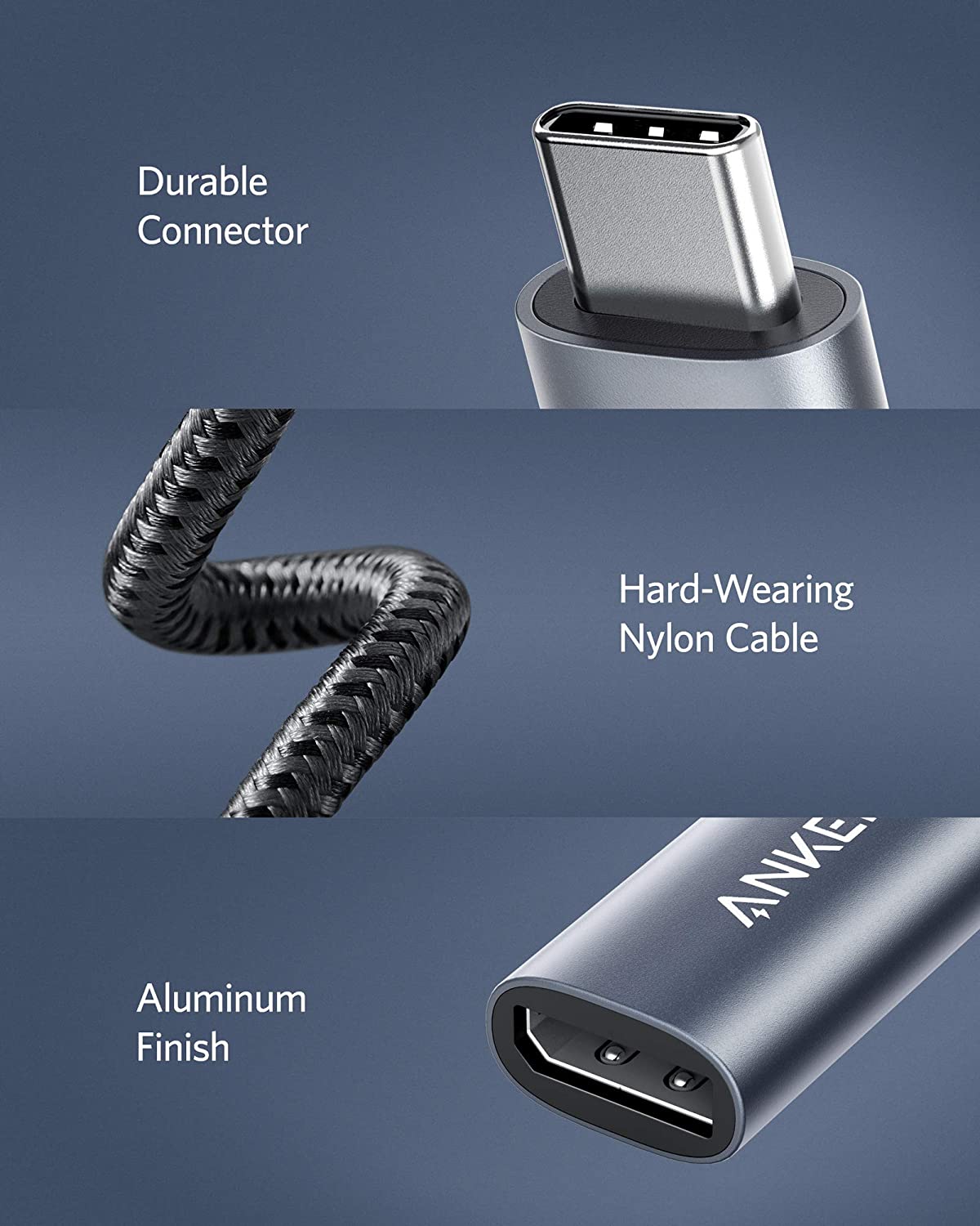 Split image shows close-ups of the Anker PowerExpand USB-C to DisplayPort Adapter—its durable braided nylon cable, robust aluminum port, and plug-and-play design—all highlighting the premium quality from Anker.