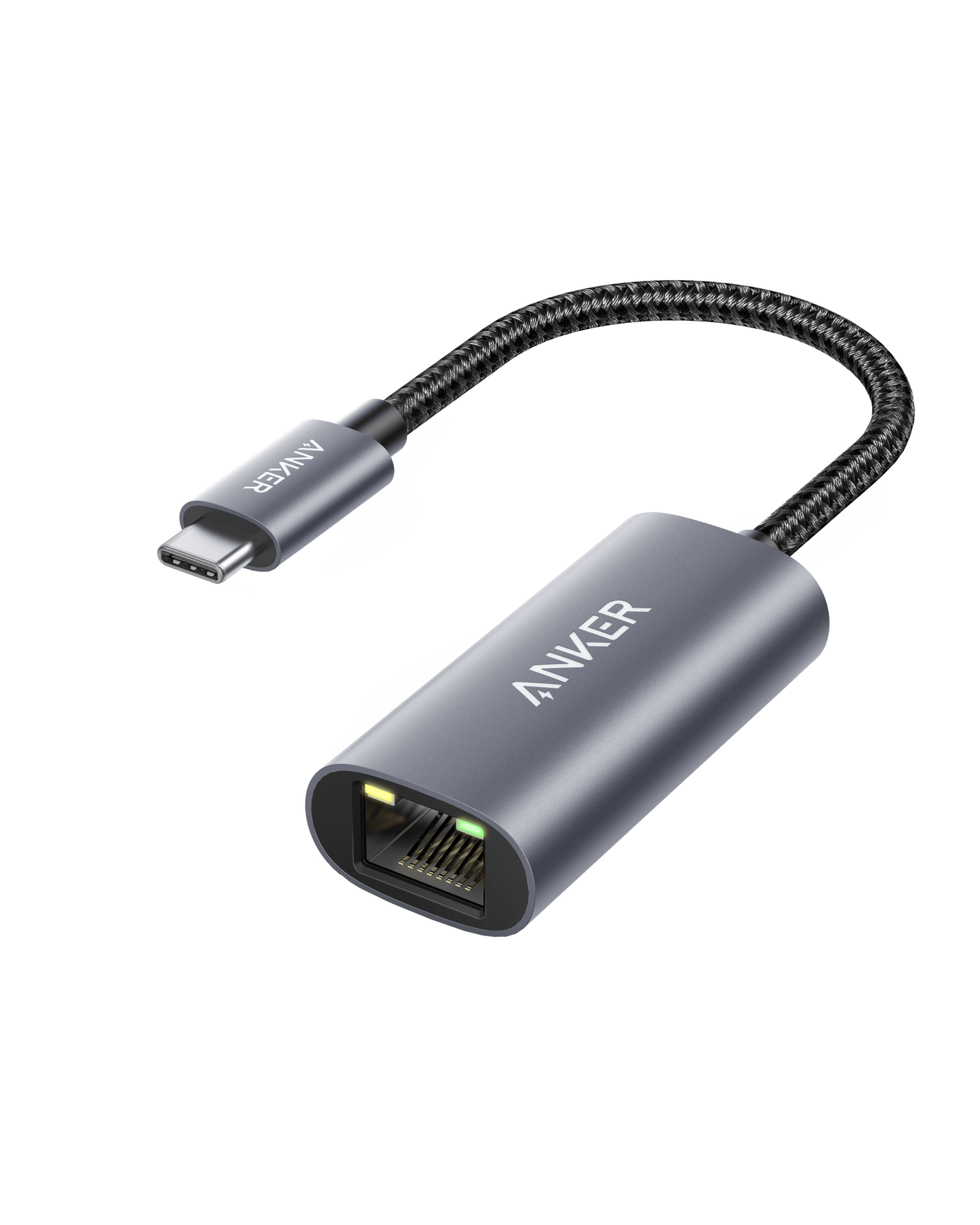 The Anker PowerExpand USB-C to Gigabit Ethernet Adapter features a braided gray cable, ANKER branding, a USB-C connector, and an Ethernet port, offering instant internet access in a portable design set against a plain white background.