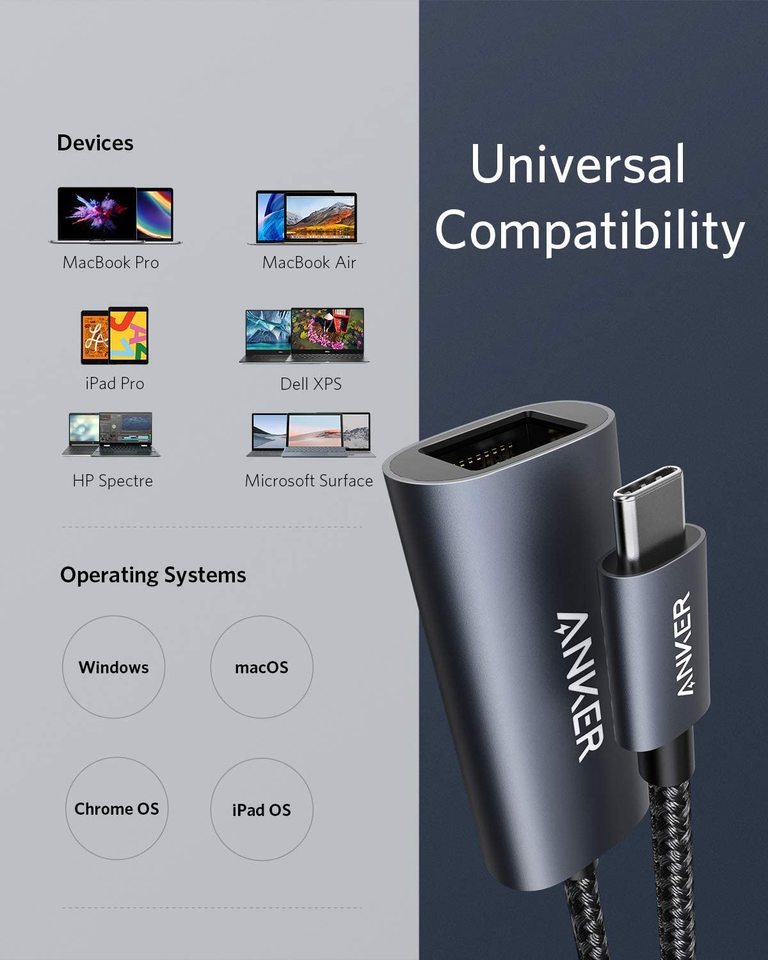 A close-up of the Anker PowerExpand USB-C to Gigabit Ethernet Adapter appears. Icons on the left display compatible devices and systems. Text reads: Universal Compatibility and portable design—connect easily anywhere.