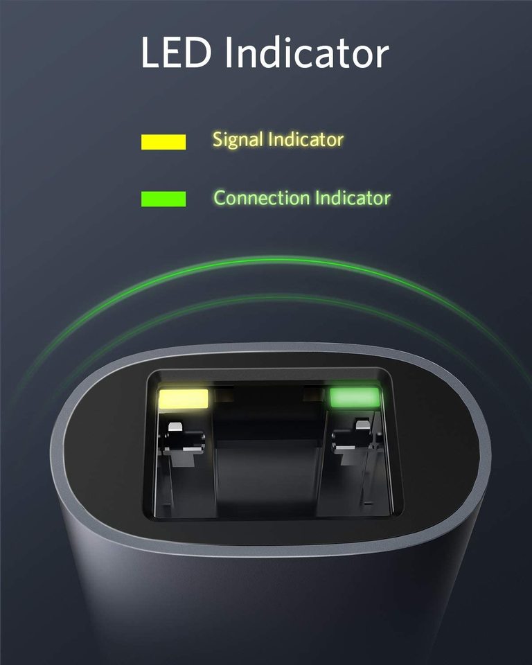 A close-up of the Anker <b>PowerExpand</b> USB-C to Gigabit Ethernet Adapter displays two LEDs above its port: a yellow Signal Indicator and a green Connection Indicator. "LED Indicator" appears above on a dark background.
