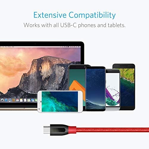 An Anker Powerline+ USB C to USB 3.0 Cable (3 ft, 6 ft) in red is displayed beneath a laptop and four smartphones on a white minimalist background. Text above states: Extensive Compatibility. Works with all USB-C phones and tablets.