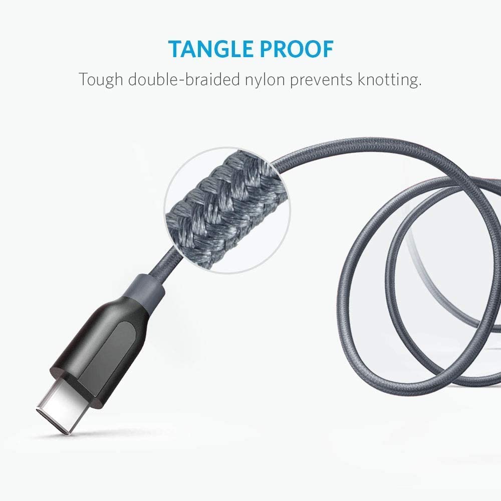A close-up shows the Anker Powerline+ USB C to USB 3.0 Cable (3 ft, 6 ft) by Anker, featuring a black double-braided nylon cover. The fast charging cable is coiled loosely; an inset highlights its tangle-proof braided texture.