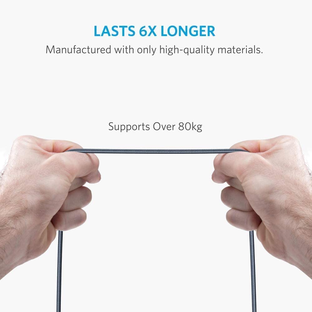 Close-up of two hands pulling on a gray Anker Powerline+ USB C to USB 3.0 Cable, showing its strength. Blue text: LASTS 6X LONGER. Black text: Made from high-quality materials, supports over 80kg. White background. Brand: Anker.