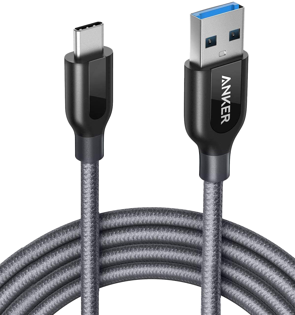Anker Powerline+ USB C to USB 3.0 Cable (grey, 3 or 6 ft) features a braided design, USB-A (blue insert) to USB-C connectors, and the “Anker” logo on the plug. Shown on a plain white background.