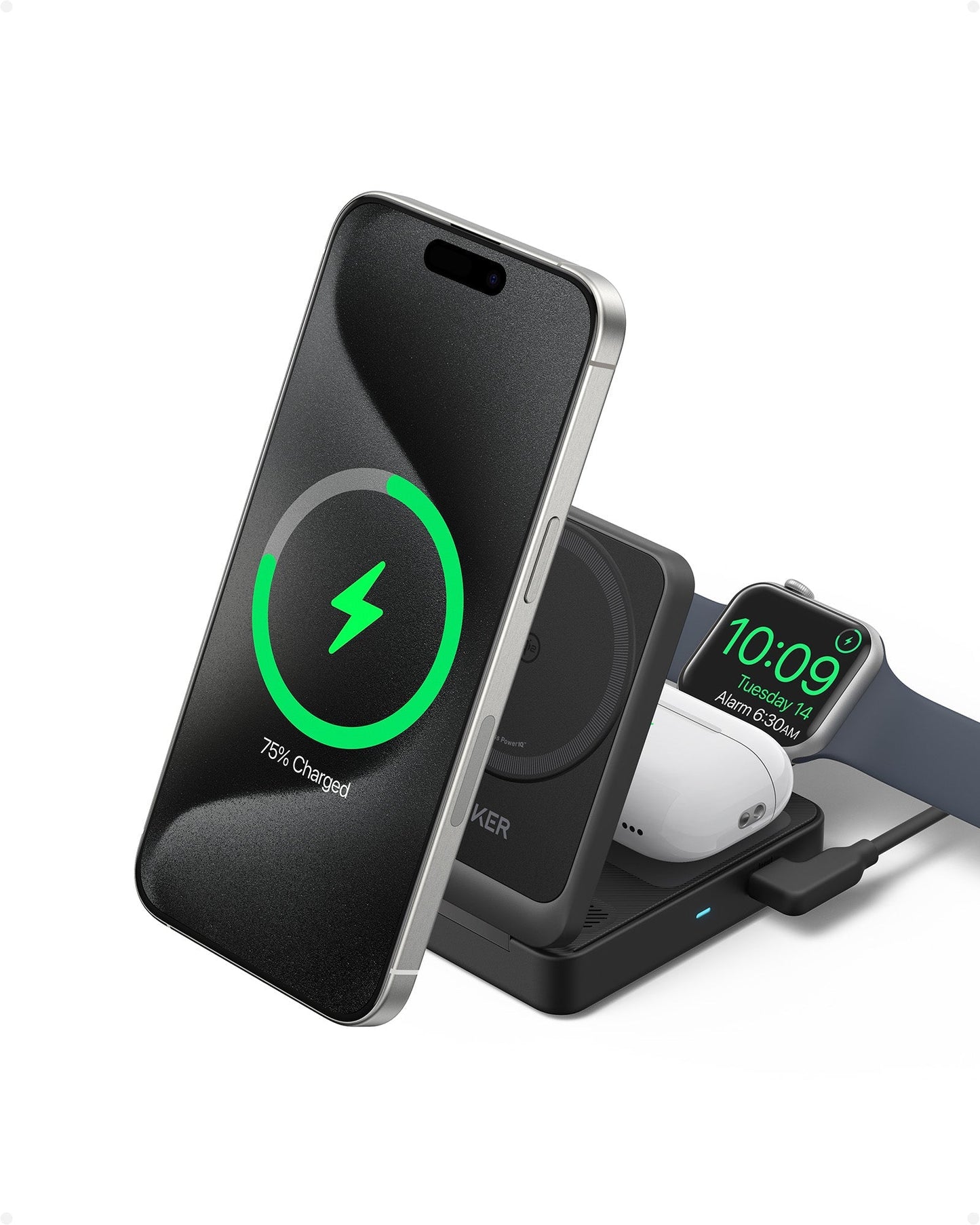 The Anker MagGo Wireless Charging Station (Foldable 3-in-1) by Anker charges a smartphone, wireless earbuds case, and smartwatch with up to 15W MagSafe-compatible power, clearly showing each device’s charging status on their screens.
