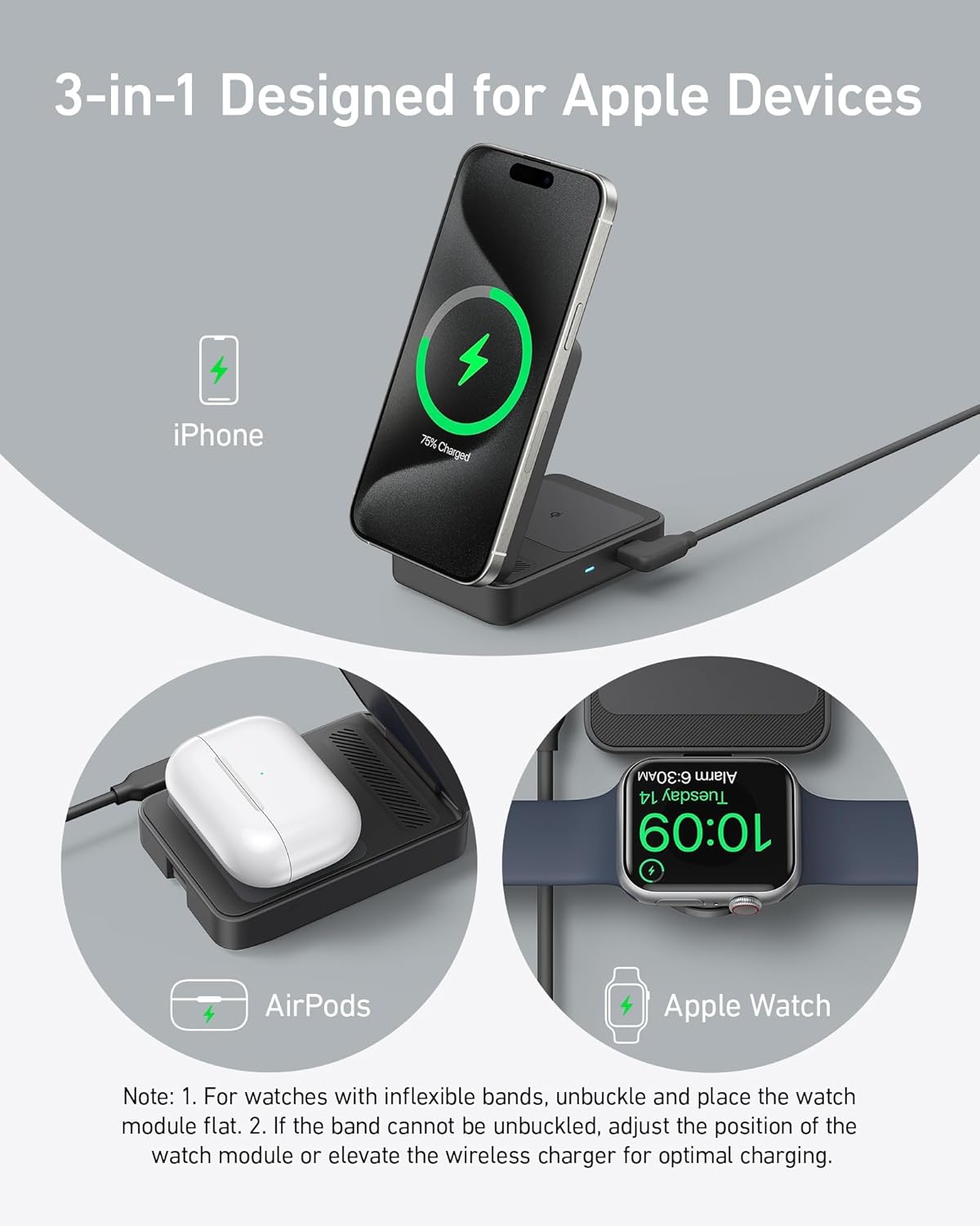 The Anker MagGo Wireless Charging Station (Foldable 3-in-1) by Anker powers your iPhone, AirPods, and Apple Watch with MagSafe compatibility and 15W wireless fast charging for seamless use with all your essentials.