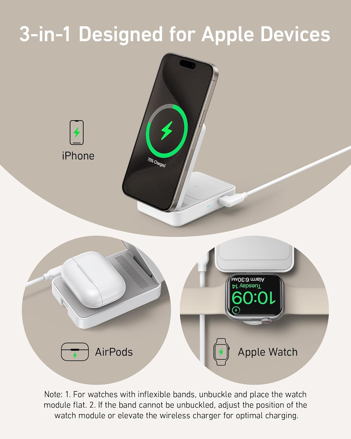 The Anker MagGo Wireless Charging Station (Foldable 3-in-1) by Anker charges iPhone upright and AirPods and Apple Watch flat in separate sections, with text labels. Instructions note removing the band for some Apple Watch models. Light background.