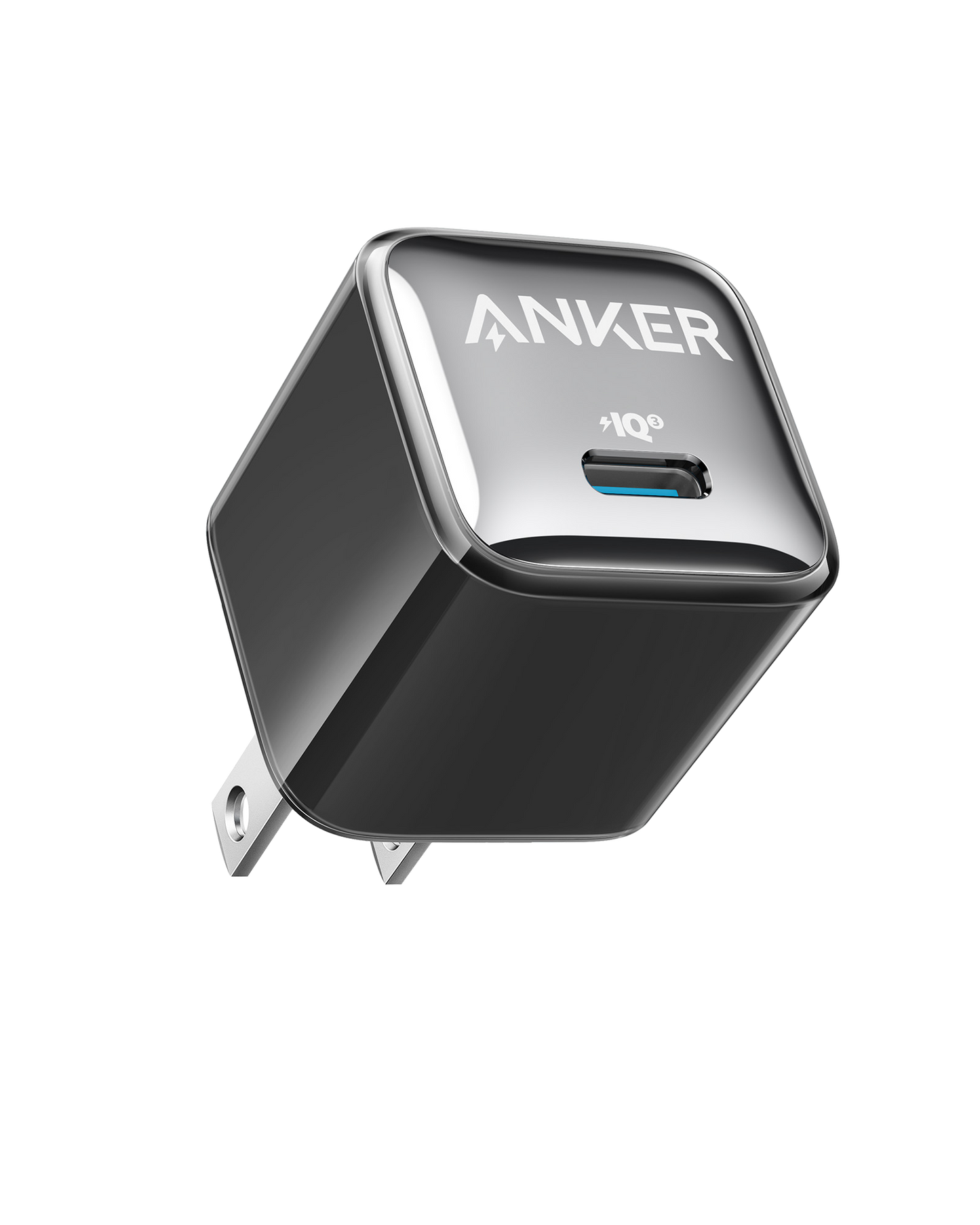 The Anker Nano Charger (20W) by Anker is a sleek black charger with a glossy finish, foldable metal prongs, and a high-speed 20W USB-C port for iPhone charging. “ANKER” and the “IQ” logo appear above its port.