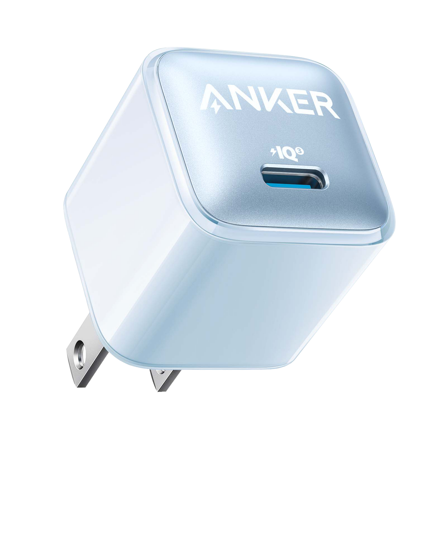 The Anker Nano Charger (20W) by Anker is a light blue and white USB-C charger with one port, foldable prongs, high-speed charging for iPhone, and features the Anker logo and IQ symbol above the port.