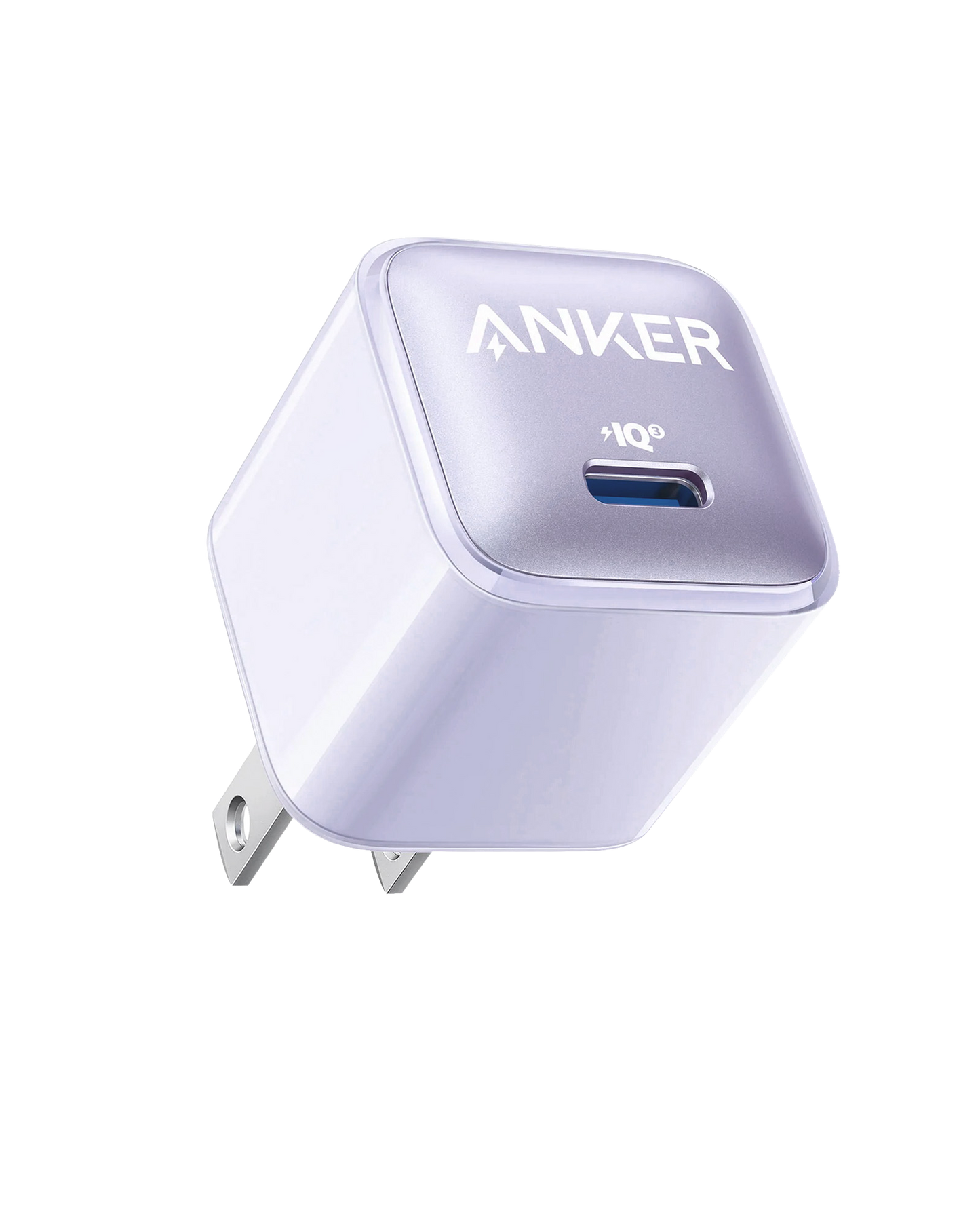 The Anker Nano Charger (20W) in lavender, featuring a single USB-C port, foldable prongs, and the Anker logo with an IQ symbol above the port, is shown on a plain white background. It supports fast charging for iPhone.