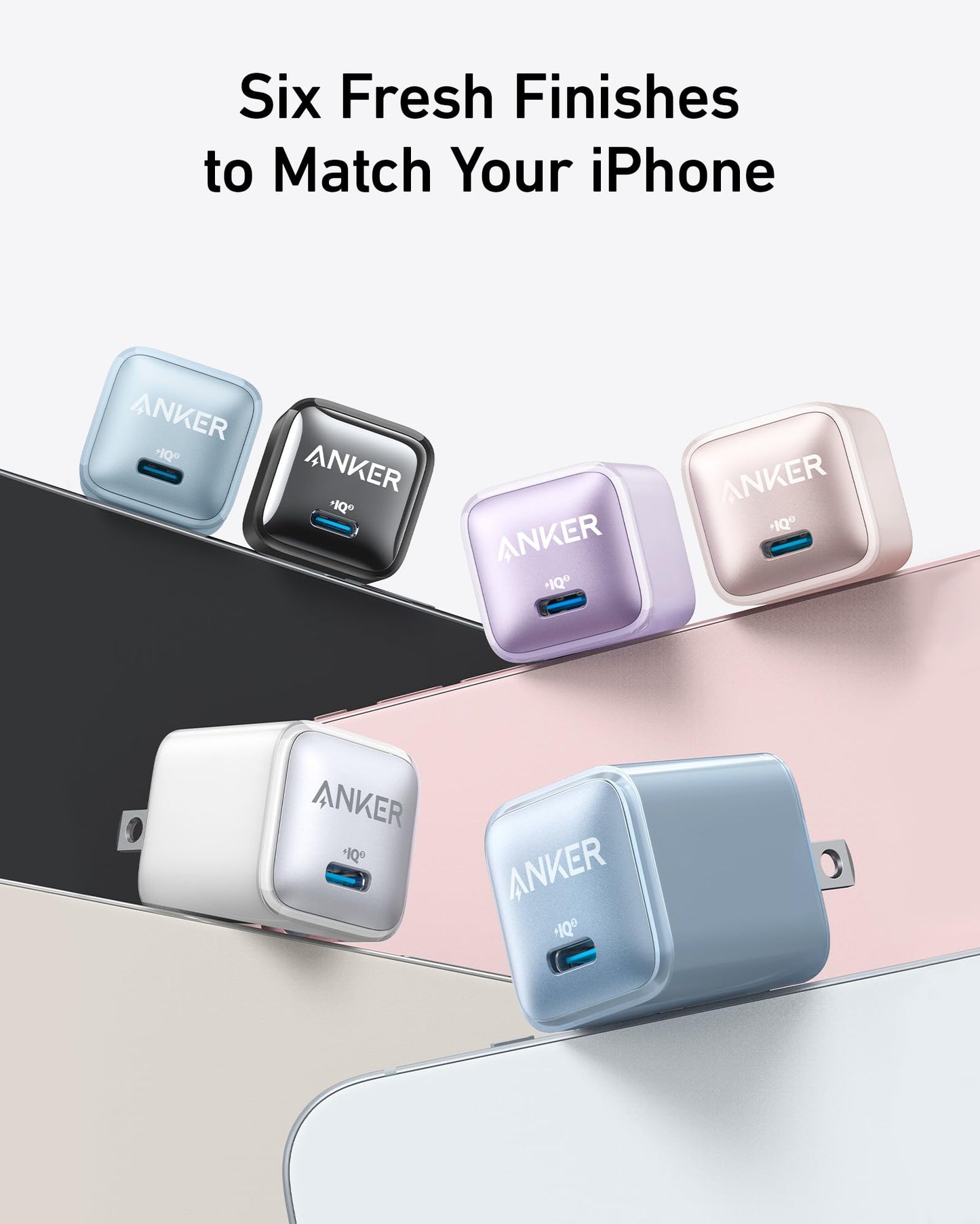 Six Anker Nano Charger (20W) units by Anker are shown in black, pink, blue, white, silver, and purple against matching backgrounds—each offering fast iPhone charging with “Six Fresh Finishes to Match Your iPhone” branding.