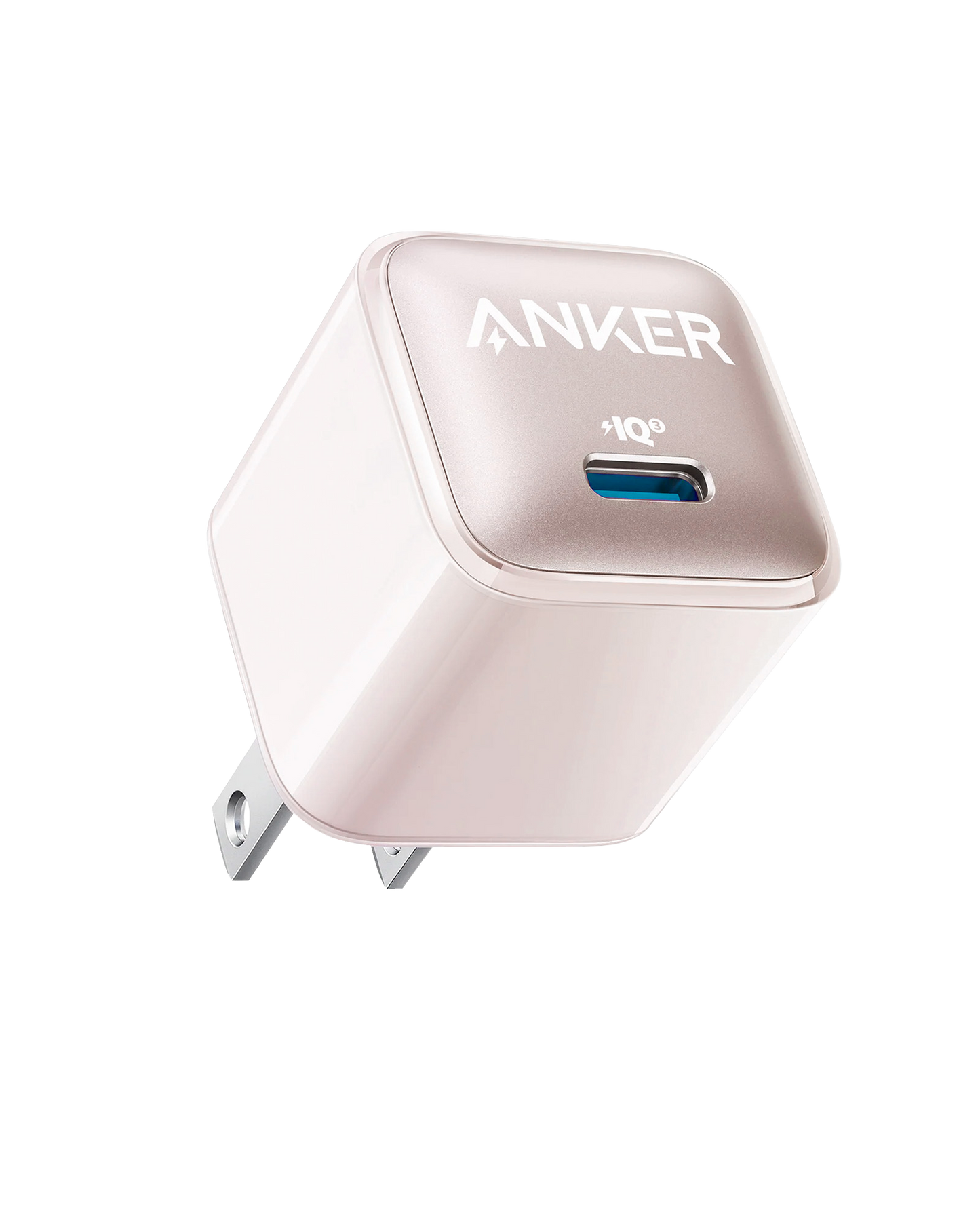 The Anker Nano Charger (20W) in rose gold features a single blue USB-C port, foldable prongs, and displays the Anker logo with “IQ” for fast iPhone charging, all shown on a white background.